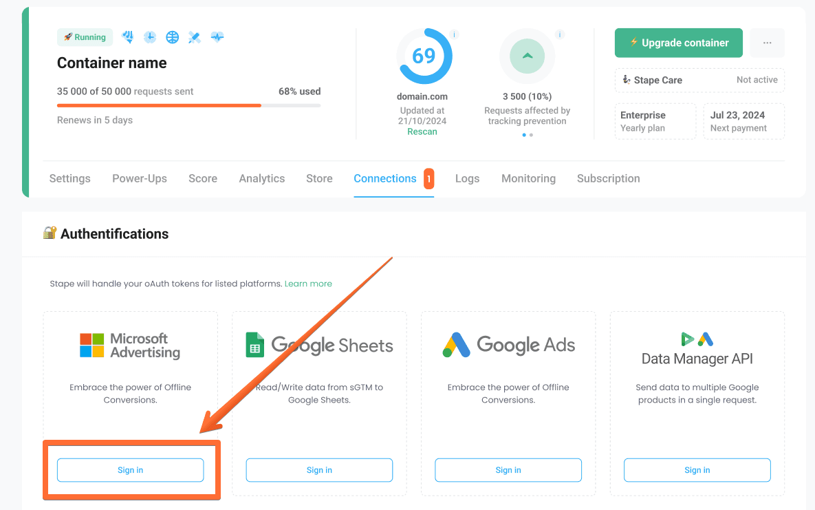 Microsoft Ads in Stape admin