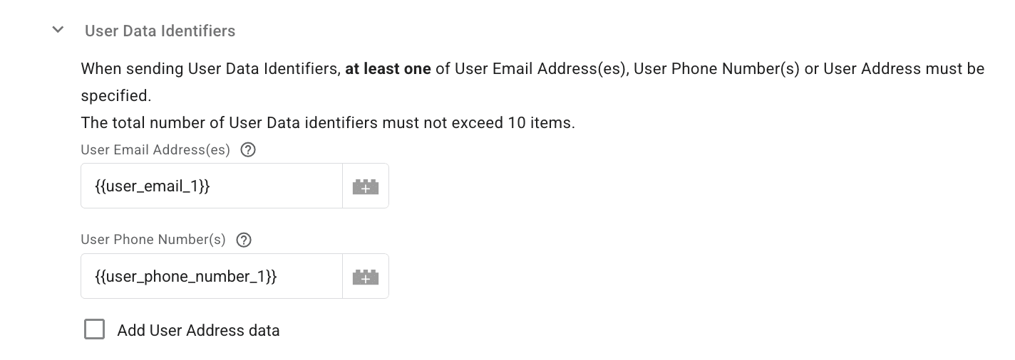 User Data Identifiers in Customer Match tag