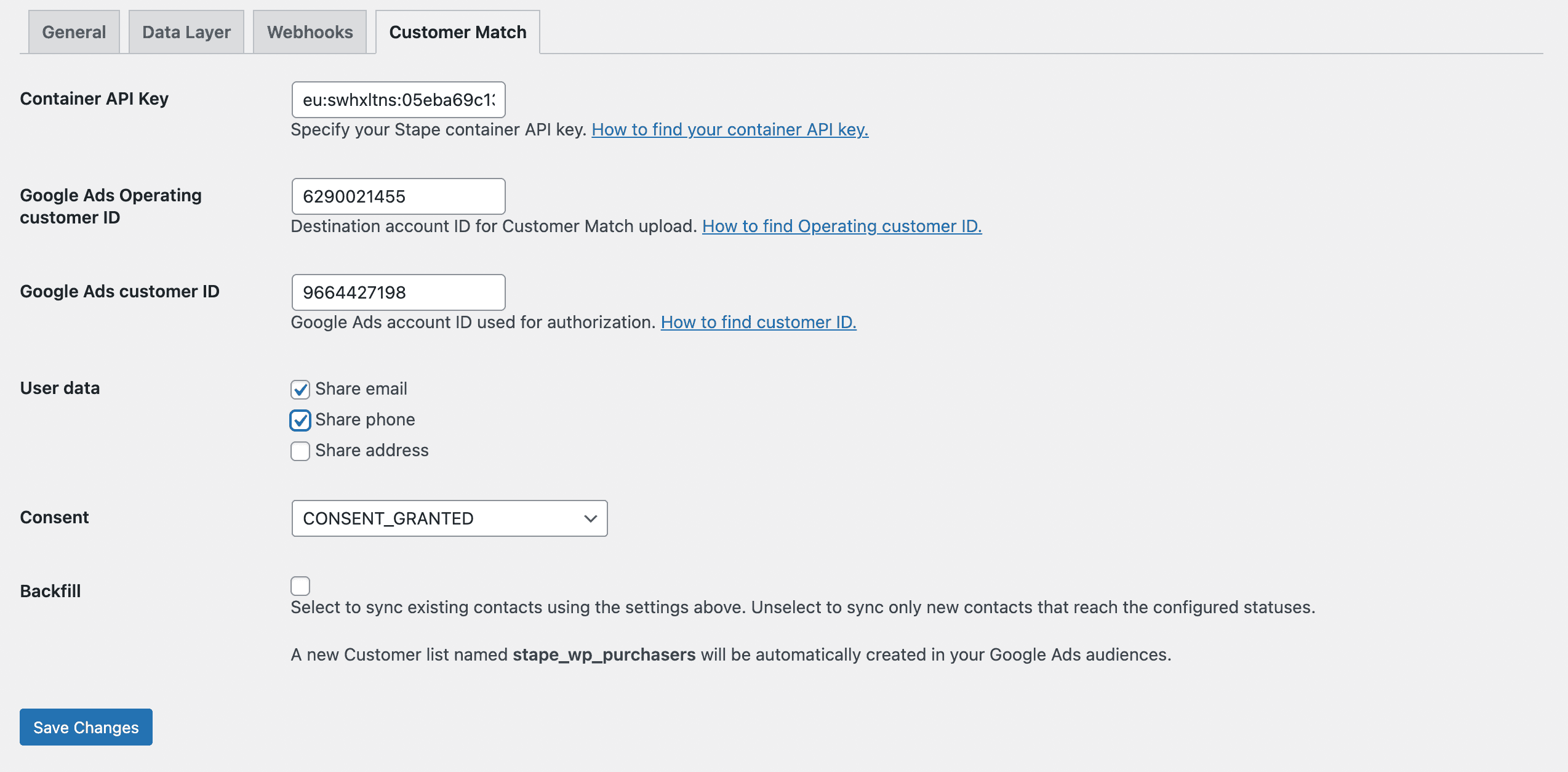 Example of Customer Match configuration in WooCommerce