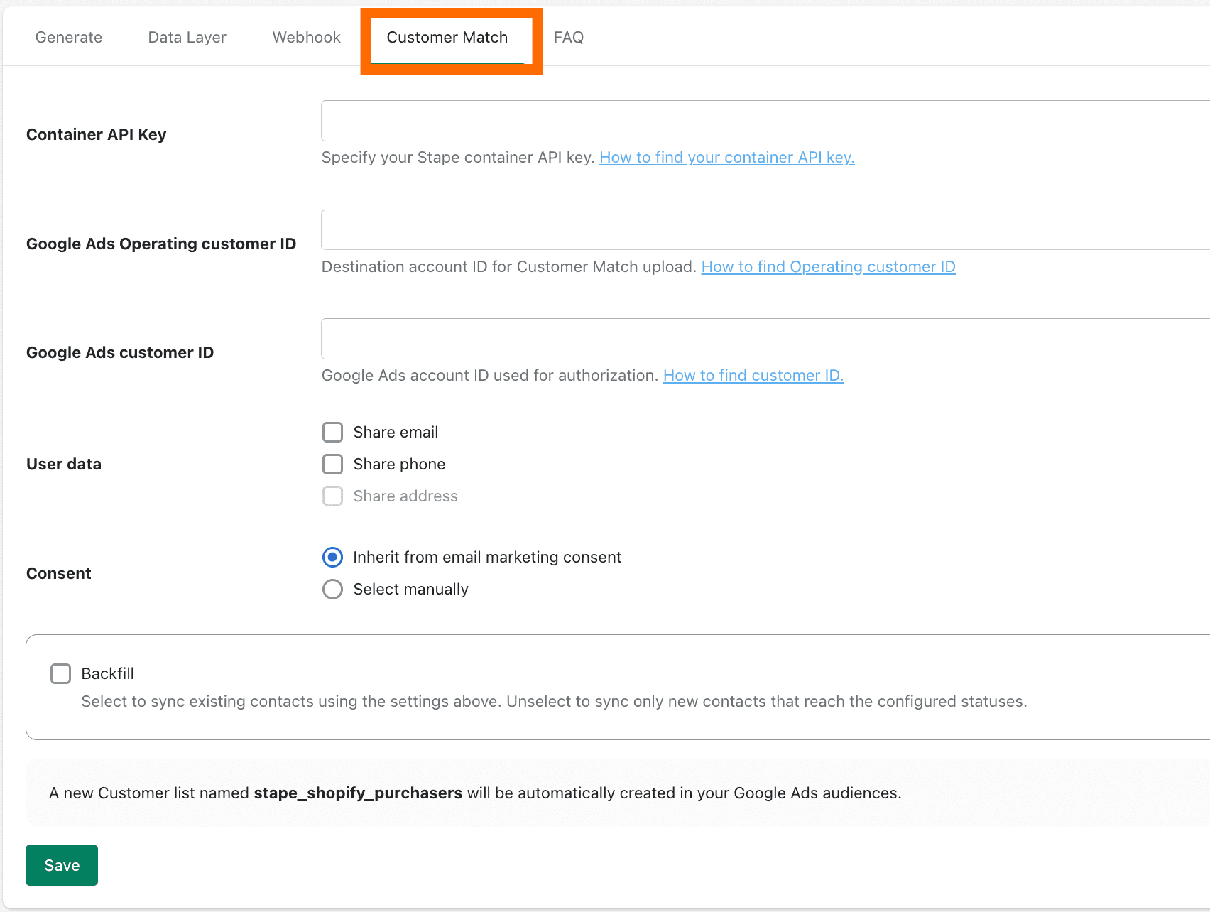 Customer Match tab in Shopify app