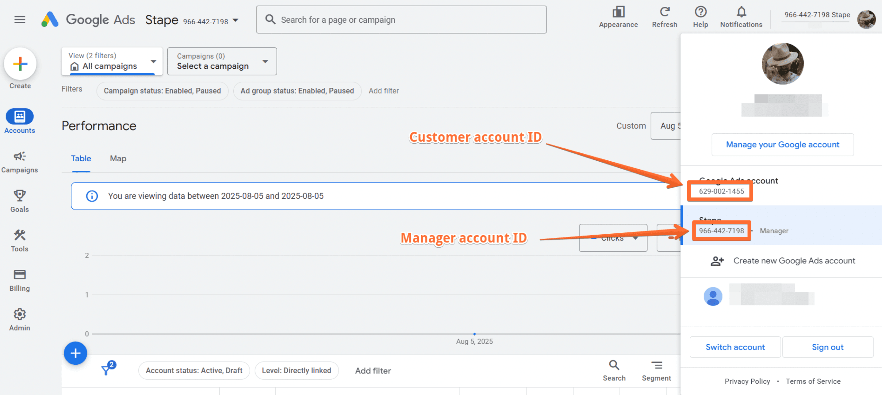 Customer and Manager account ID