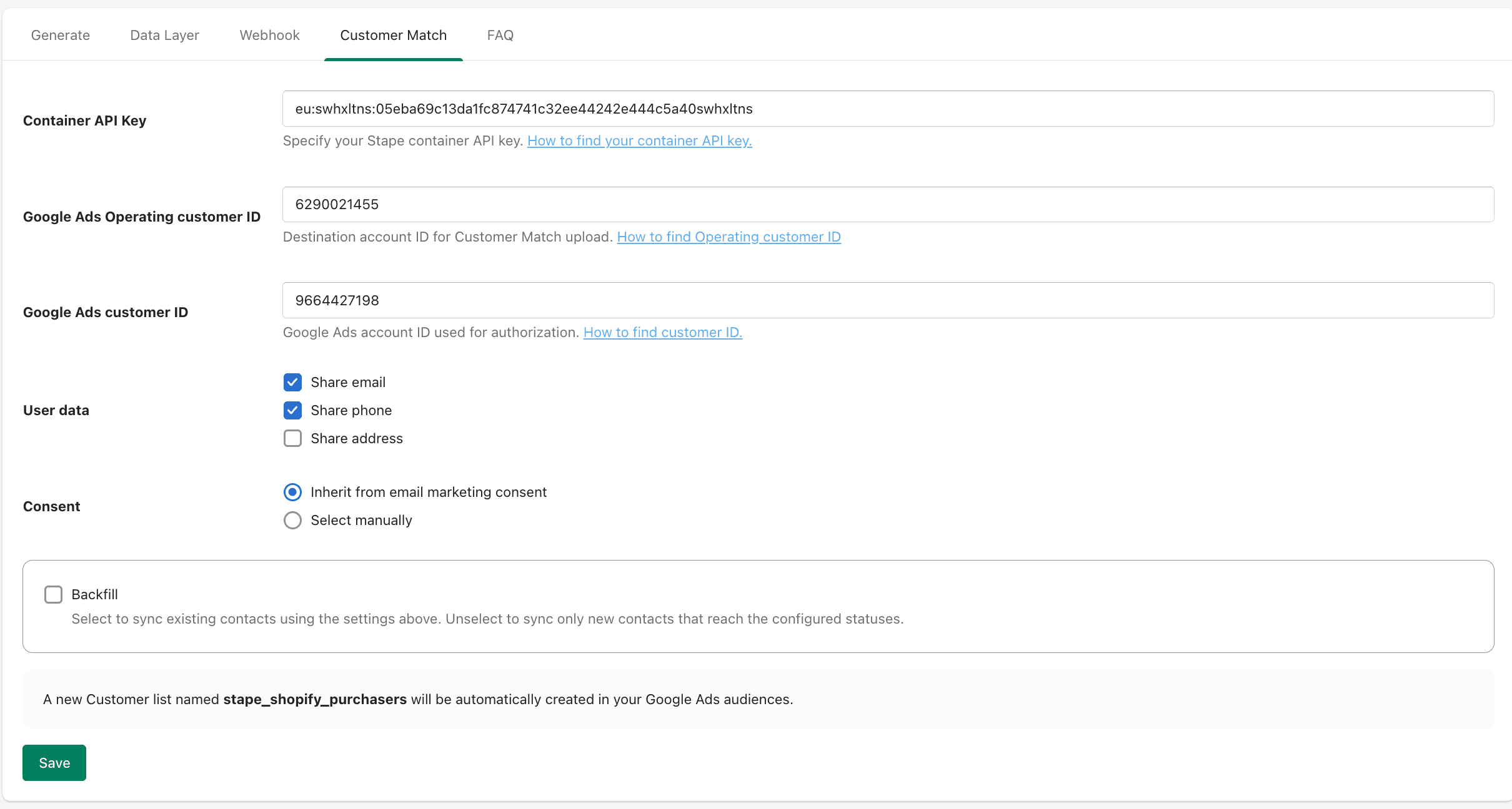 Example of Customer Match configuration in Shopify