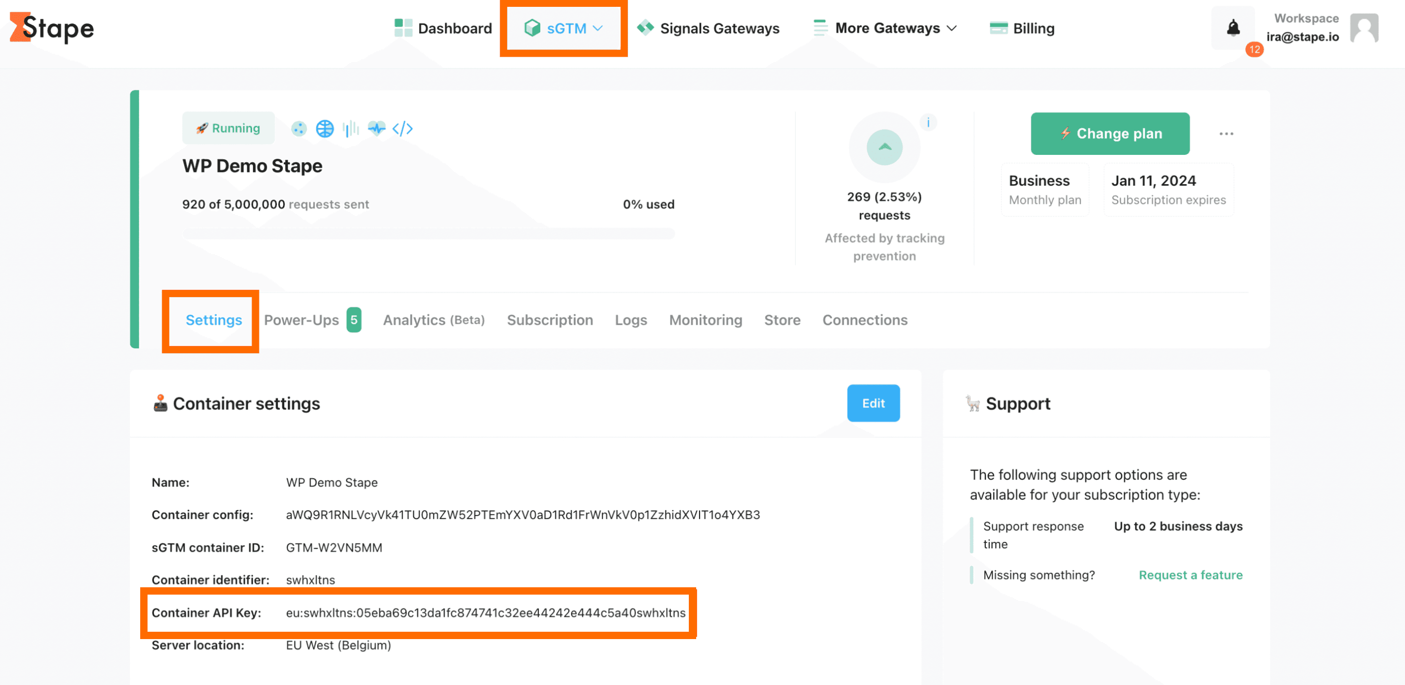 Stape container API key