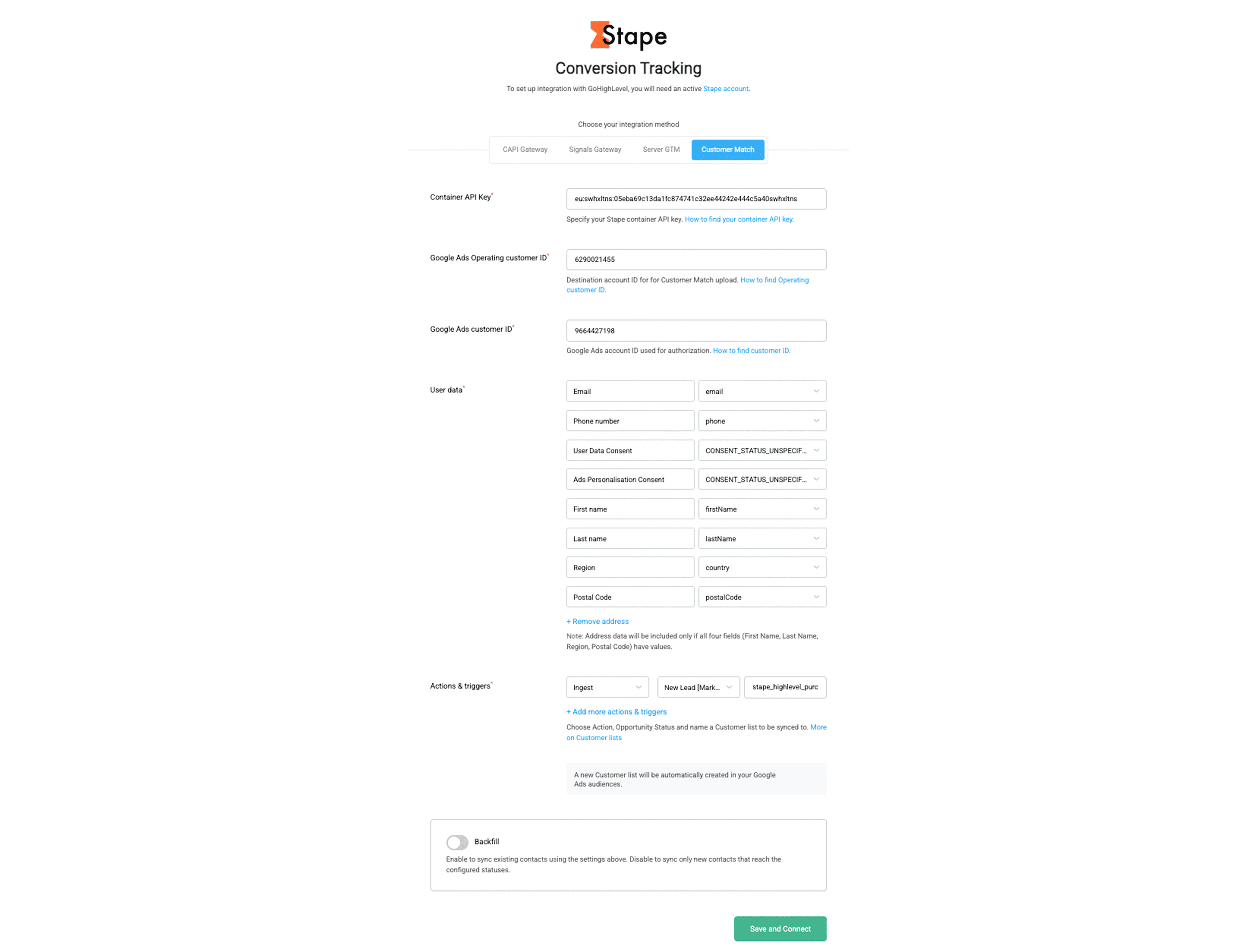 Example of Customer Match configuration in HighLevel