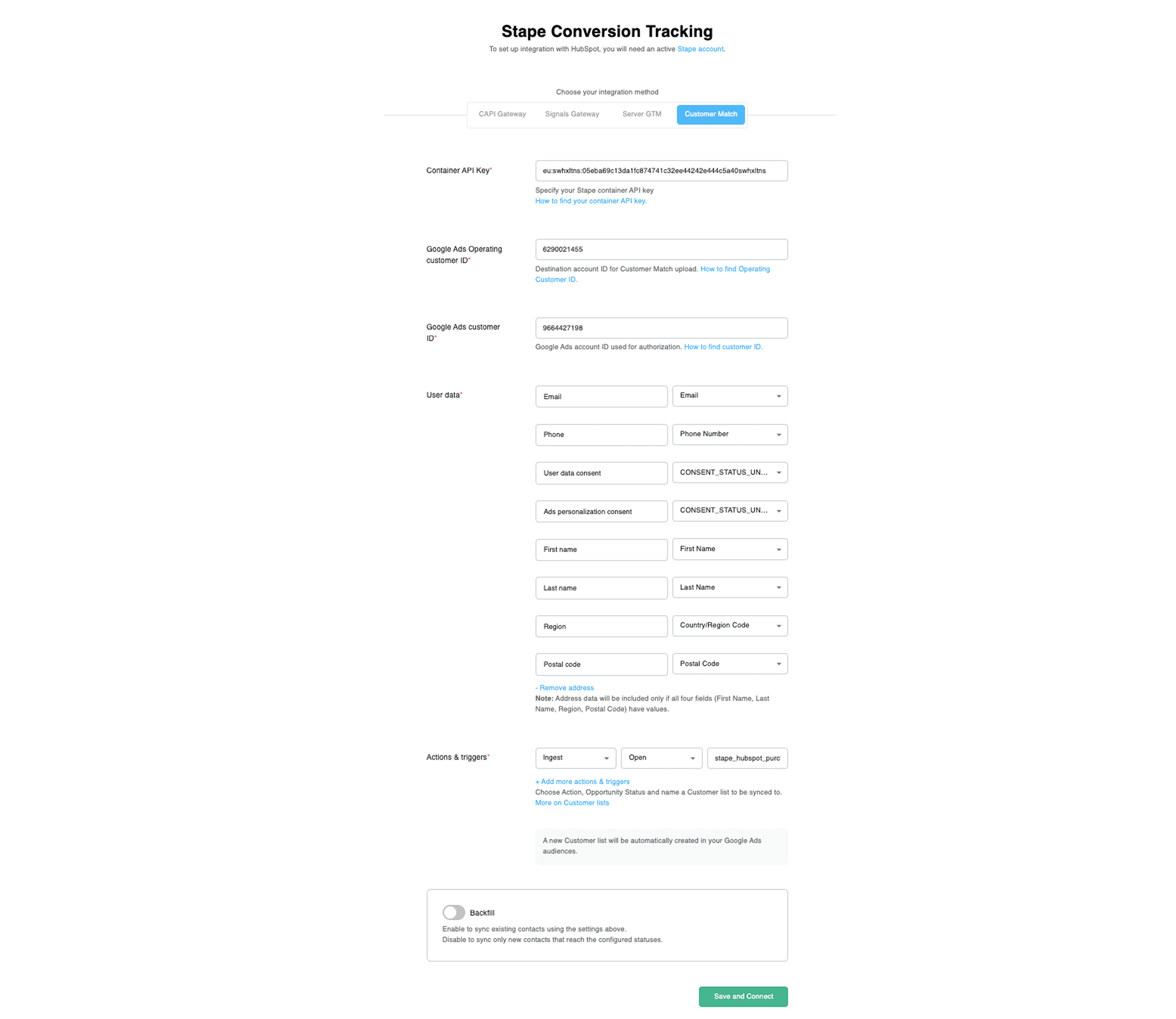 Example of Customer Match configuration in HubSpot