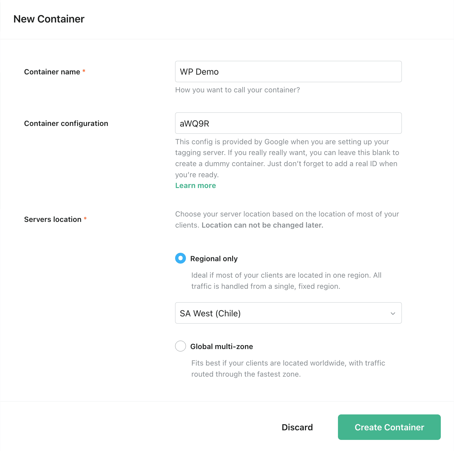 Enter the container information