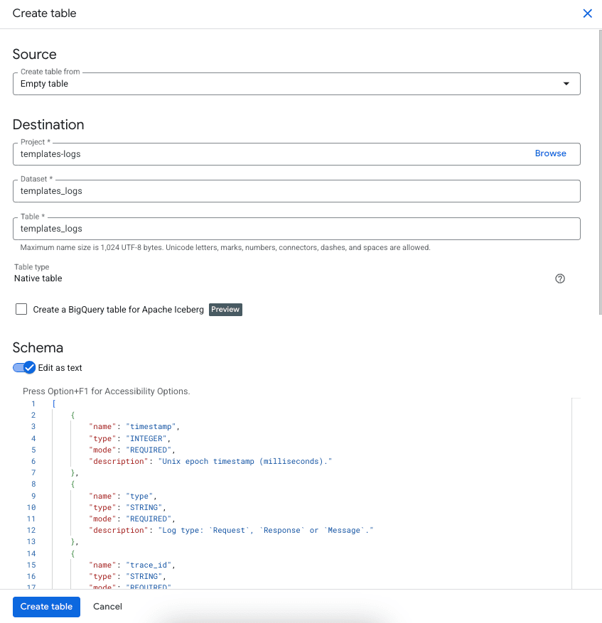Table config