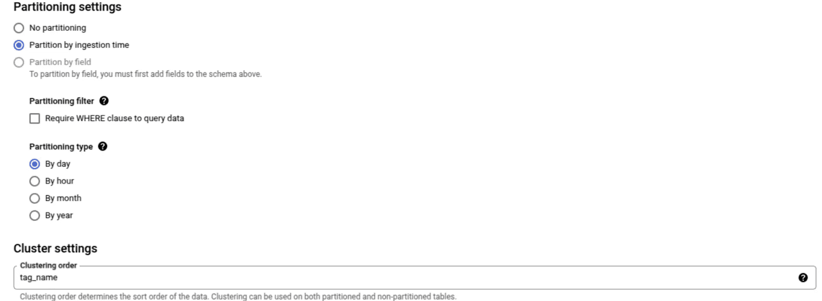 Partitioning settings