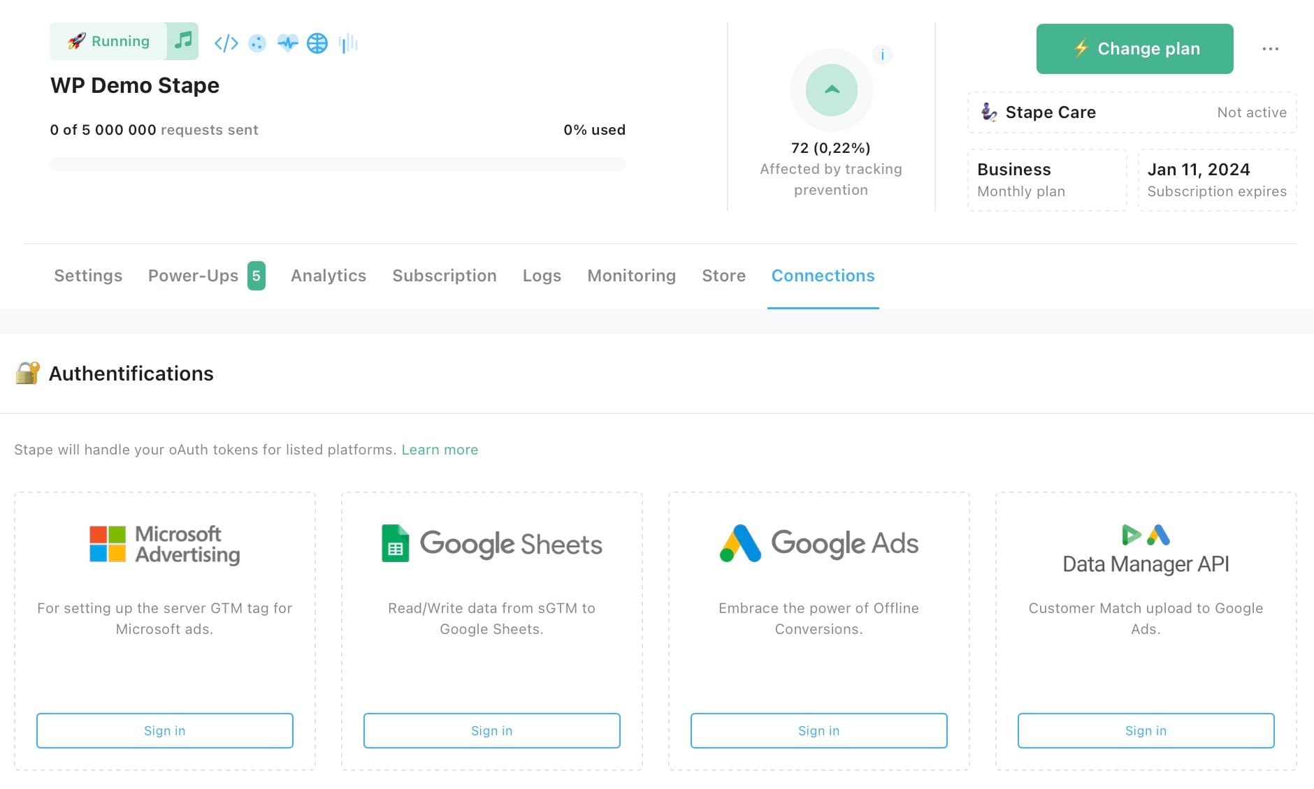 Connections dashboard