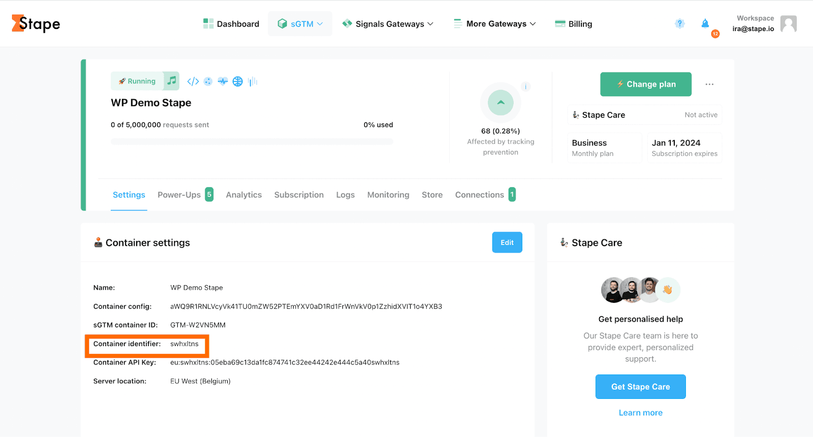 Container identifier in Stape