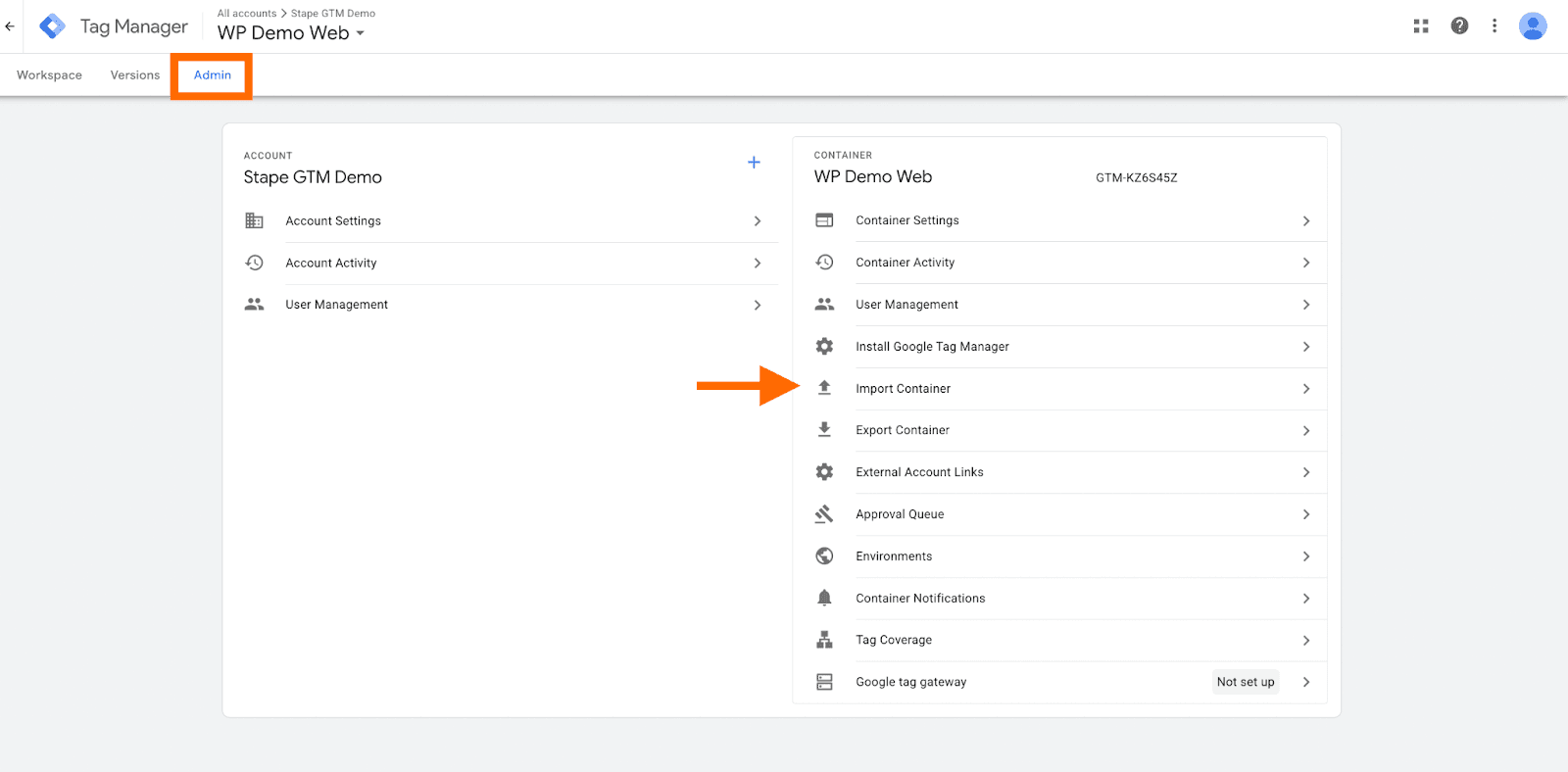 Import container in Web GTM container