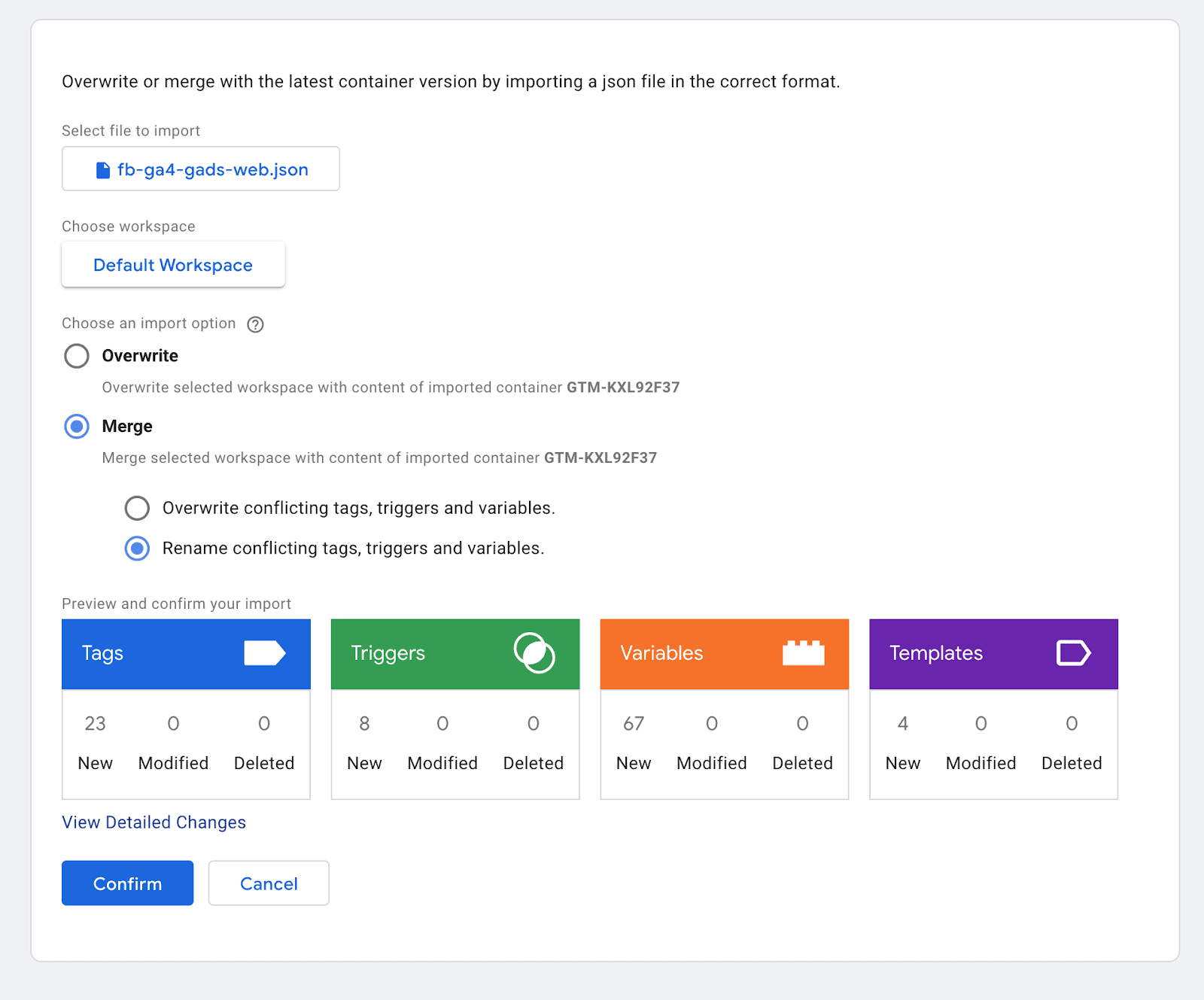 "Merge" option with "Rename conflicting tags, triggers, and variables" selected