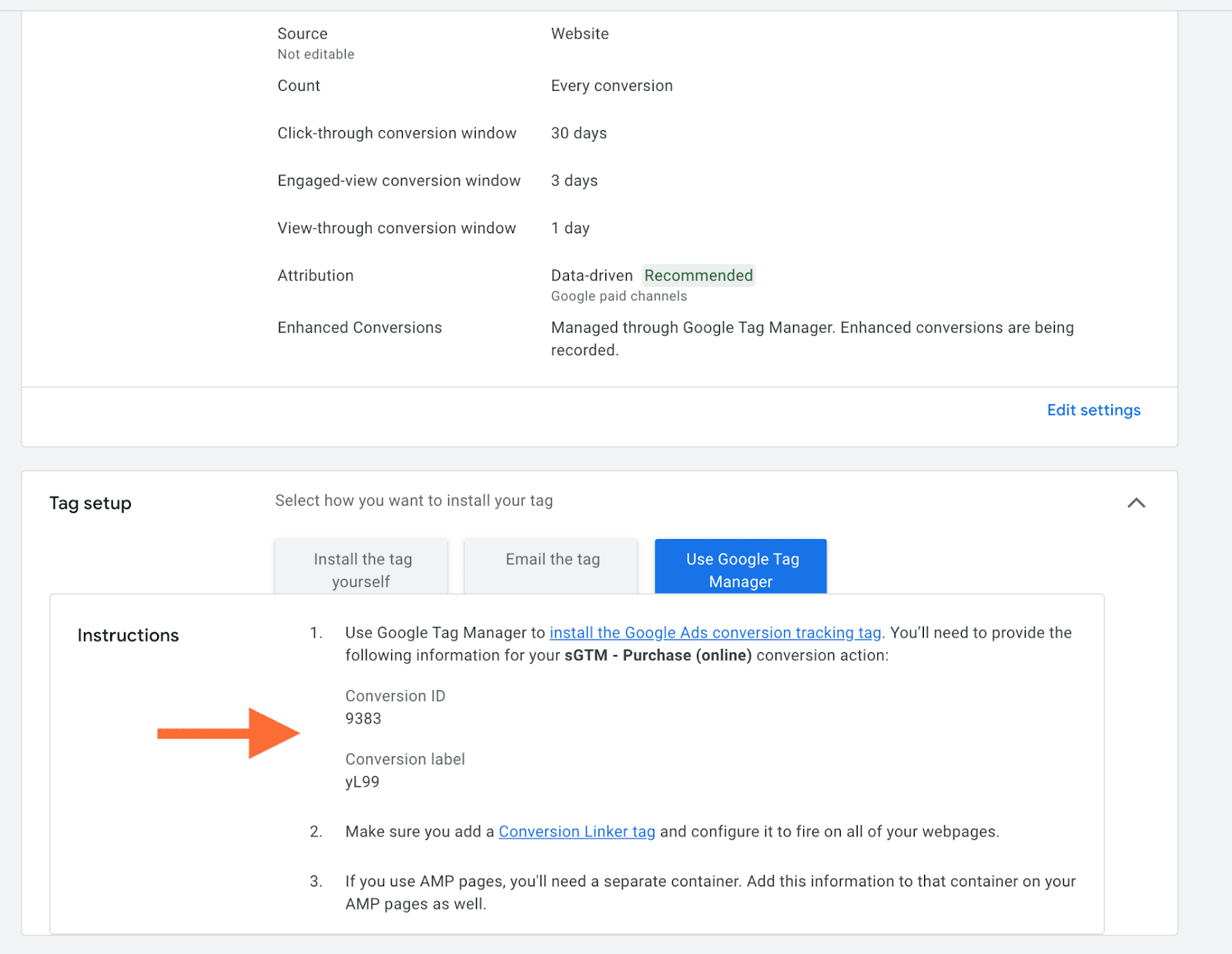 Copy "Conversion ID" and "Conversion label"
