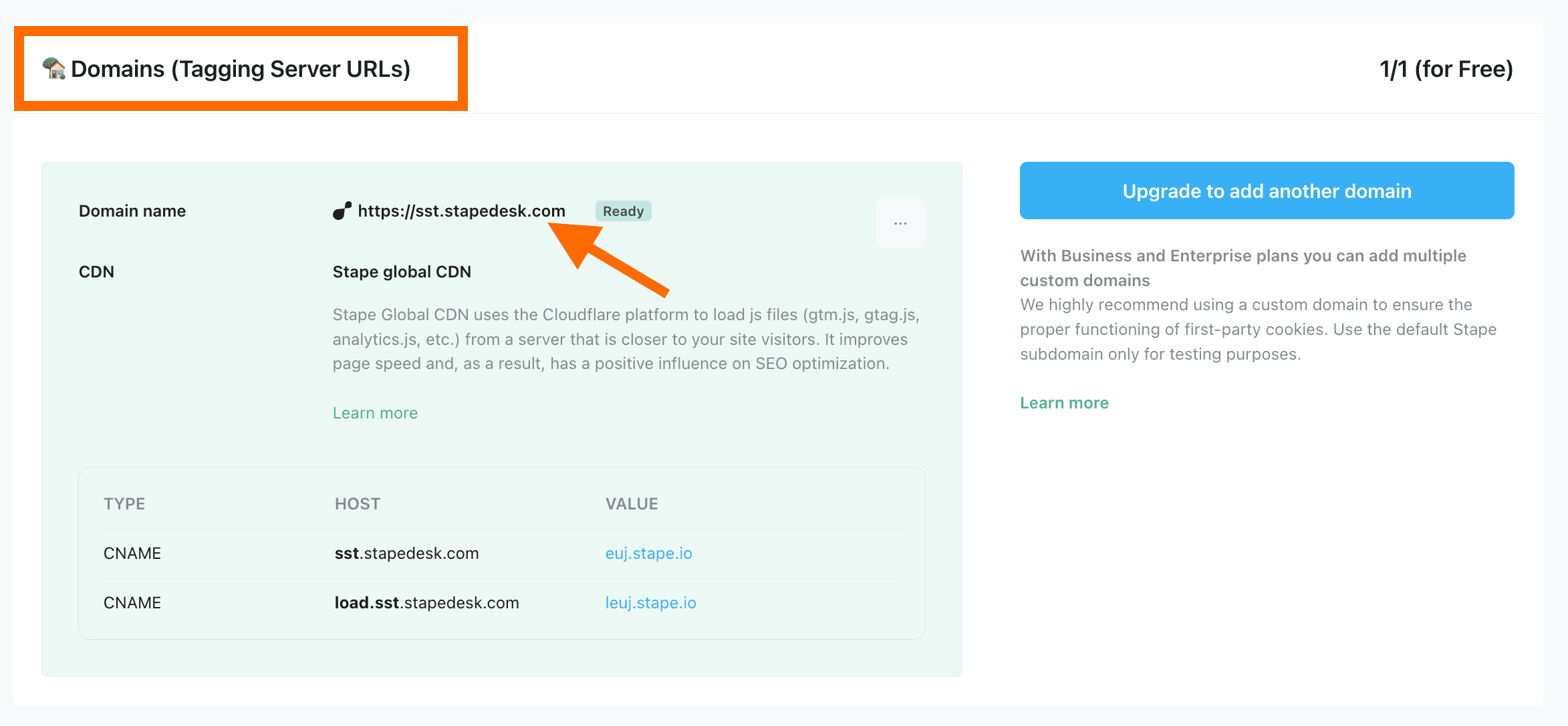 Domains in Stape admin