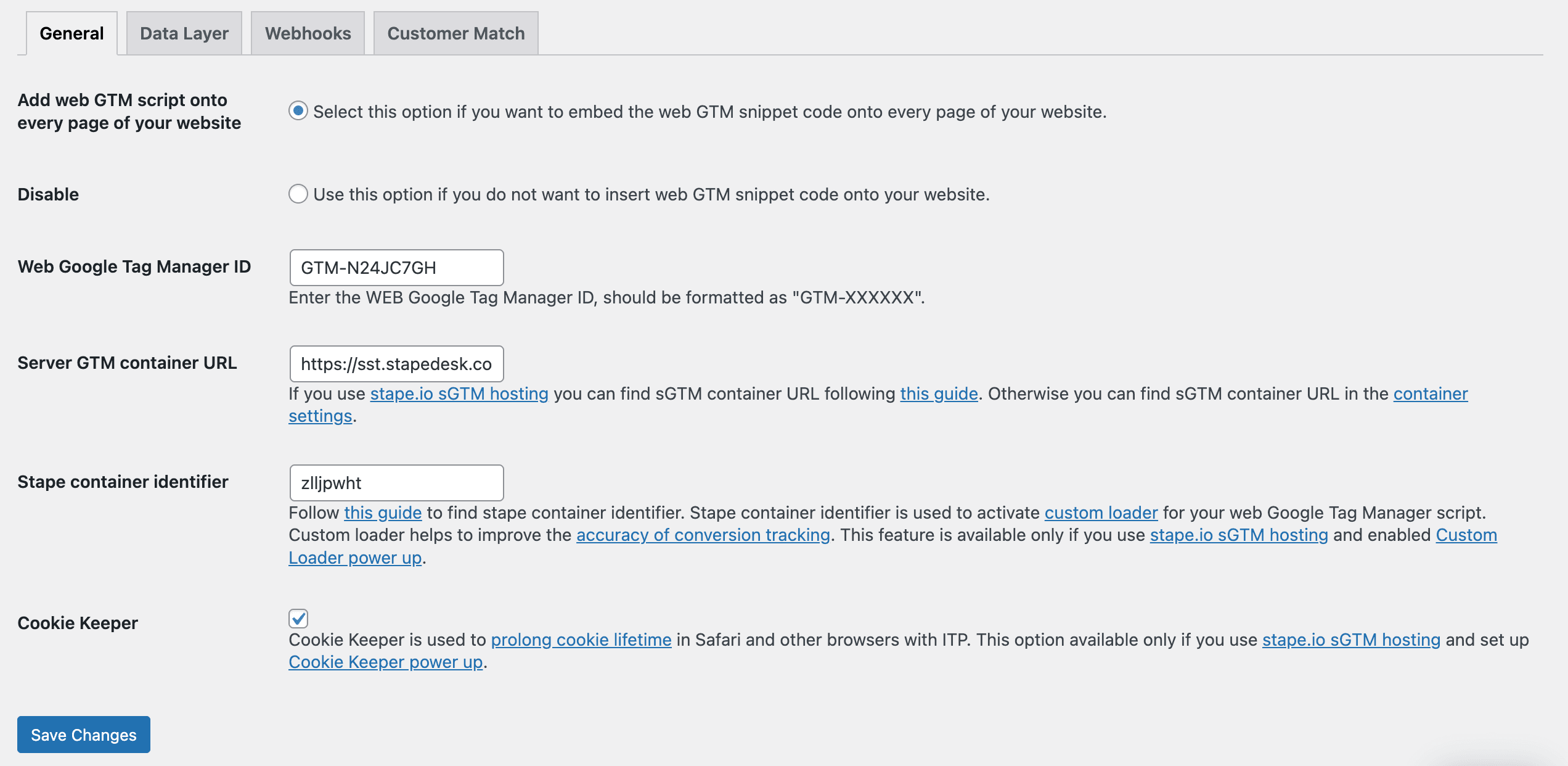 General tab of WordPress plugin