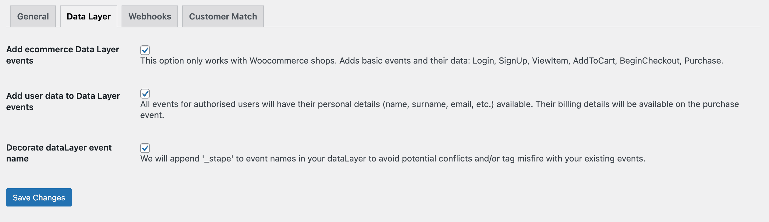 Data Layer tab of WordPress plugin