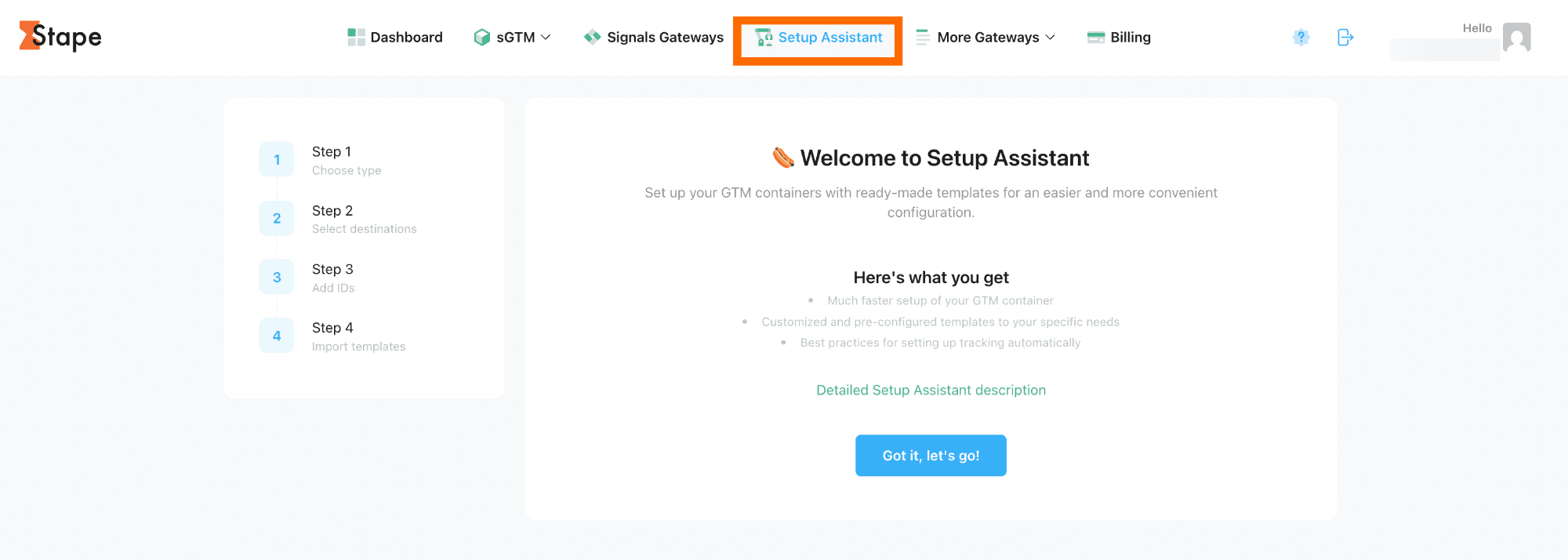 Setup Assistant in Stape admin