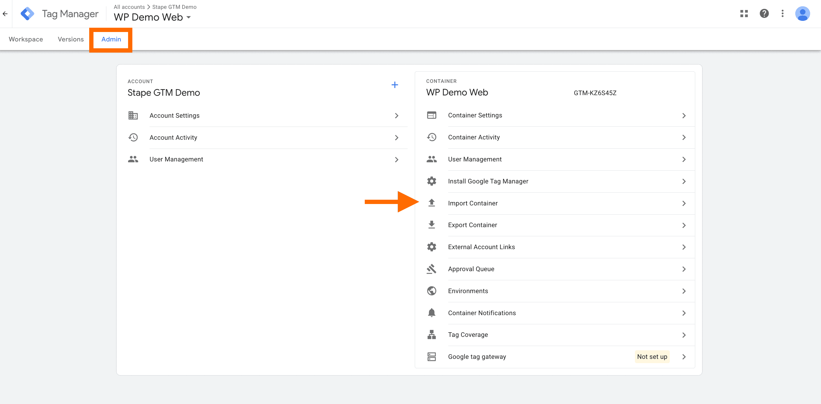 Import container web GTM