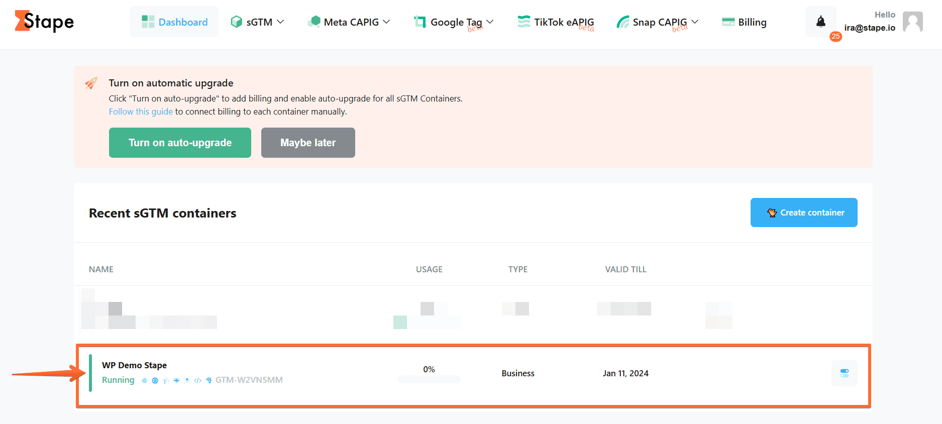 Select your sGTM container on the dashboard