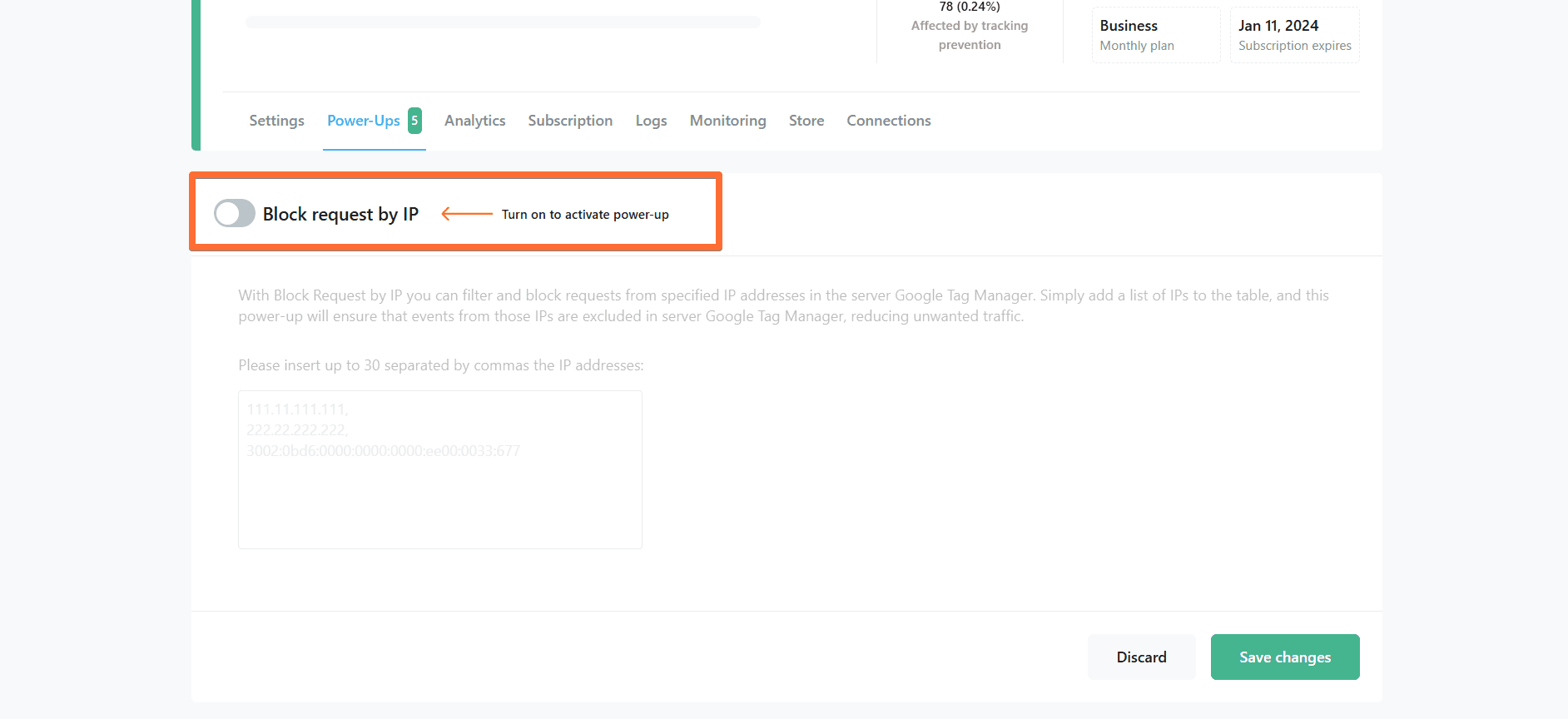 Toggle the Block request by IP switch