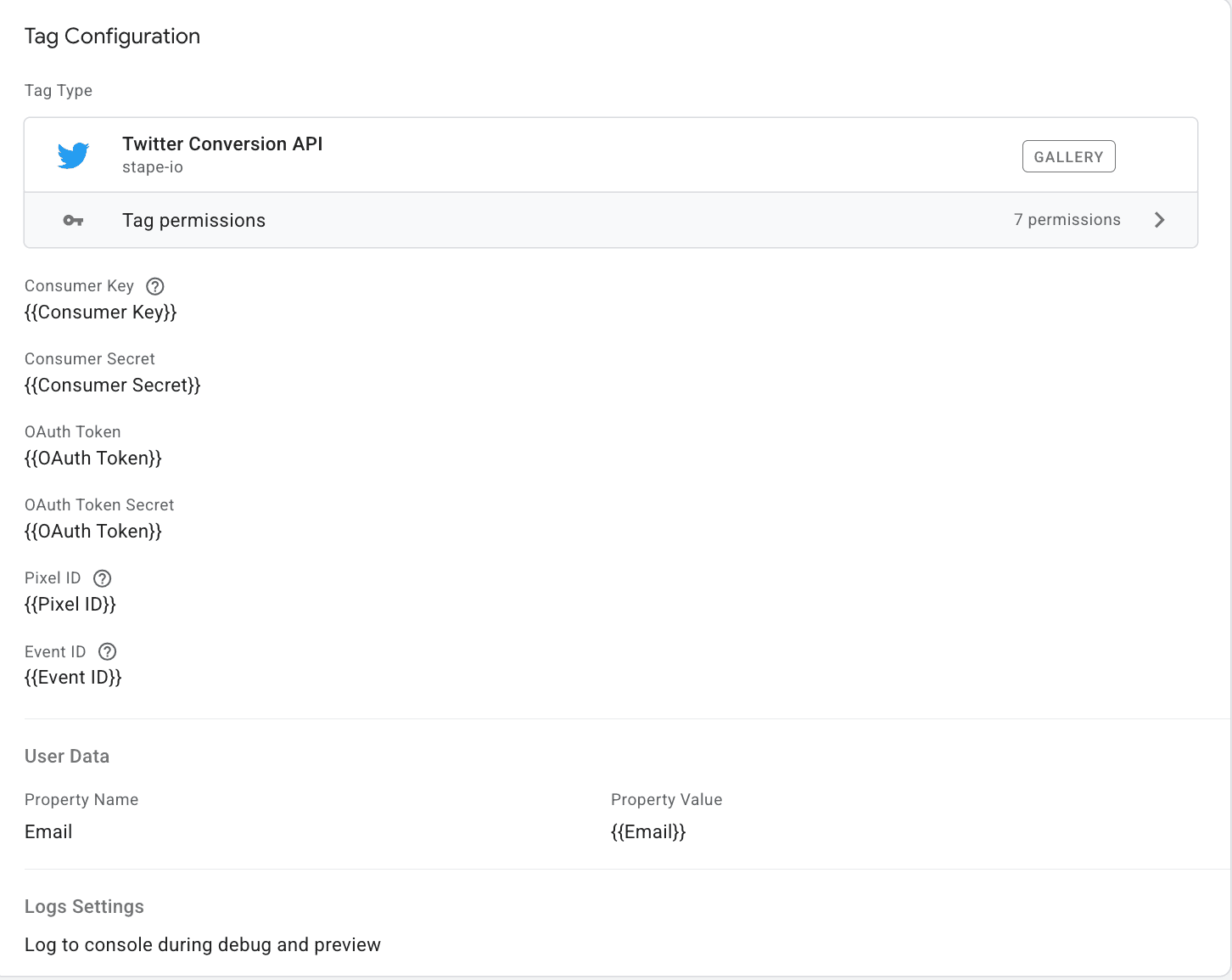 Example of Twitter tag configuration