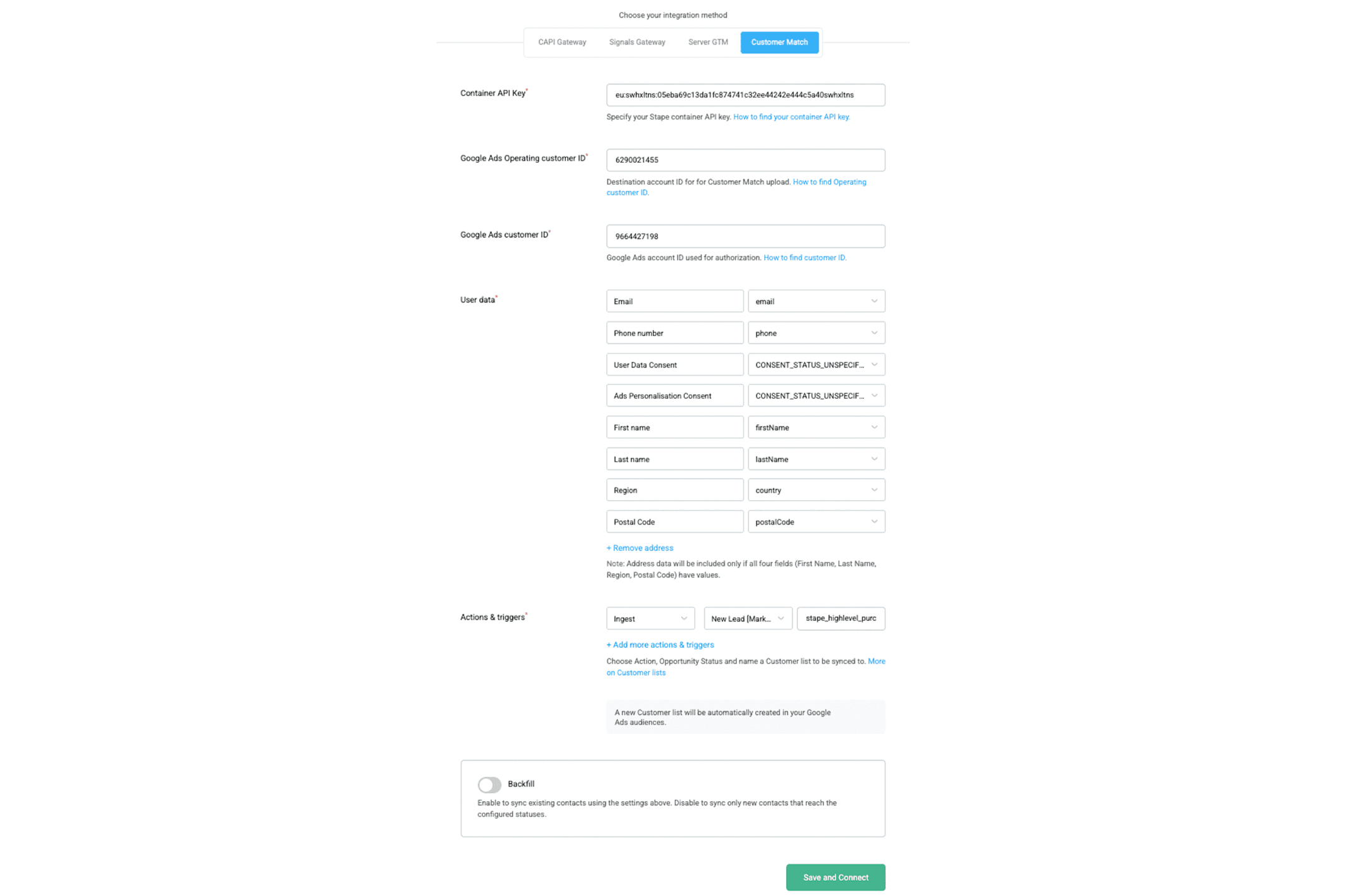 Example of Customer Match configuration in HighLevel