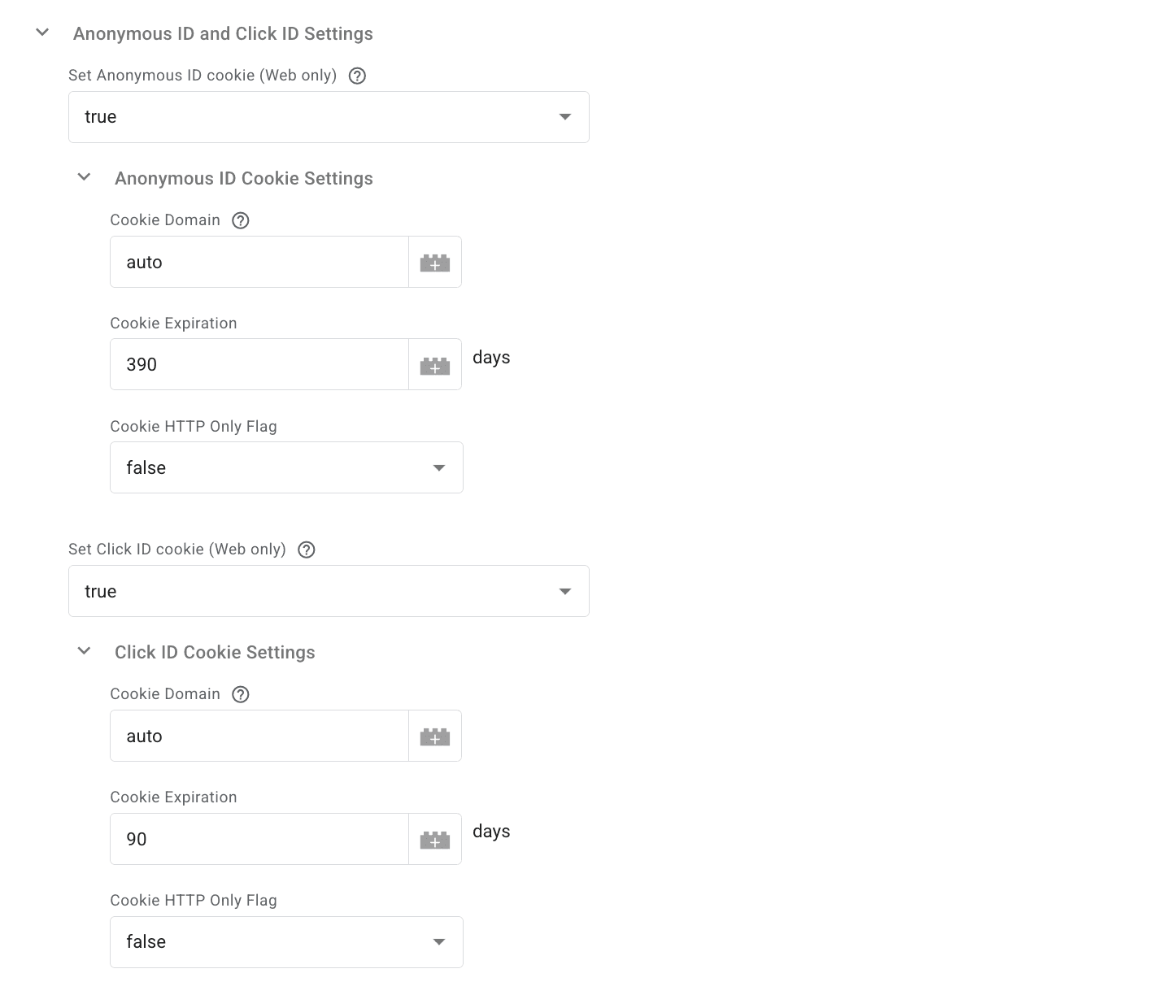 Anonymous ID and Click ID Settings section