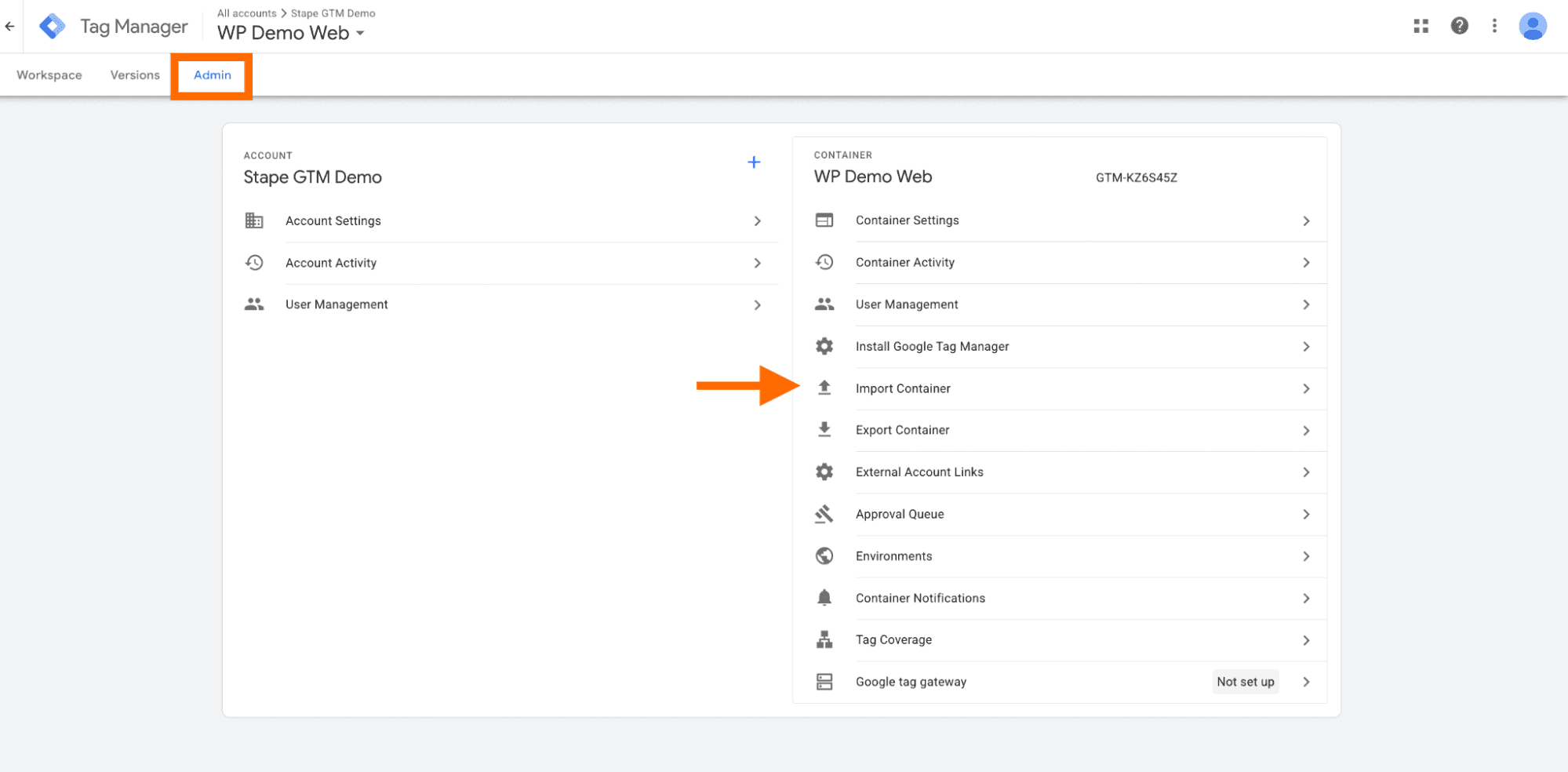 Import container in Web GTM container