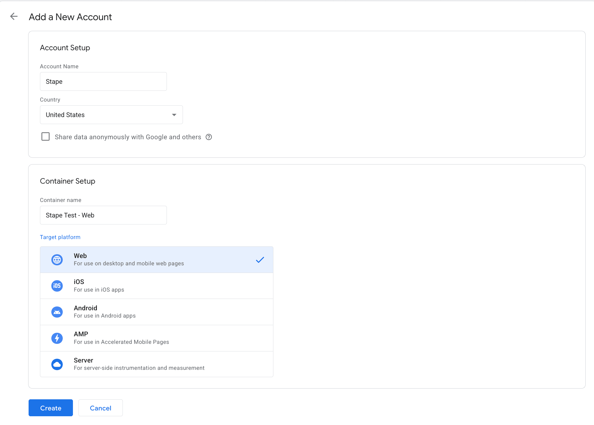 Create web GTM&nbsp; container