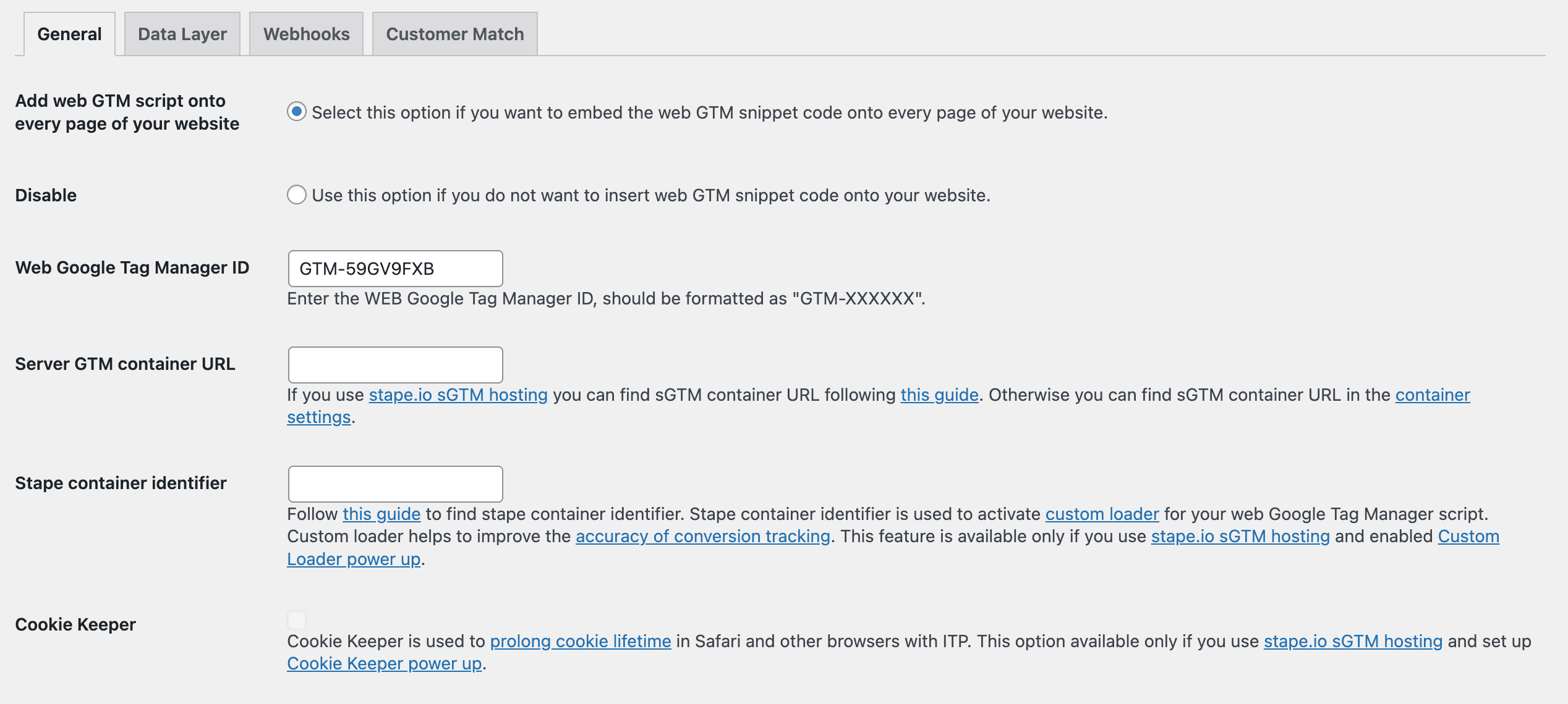 WordPress plugin configuration