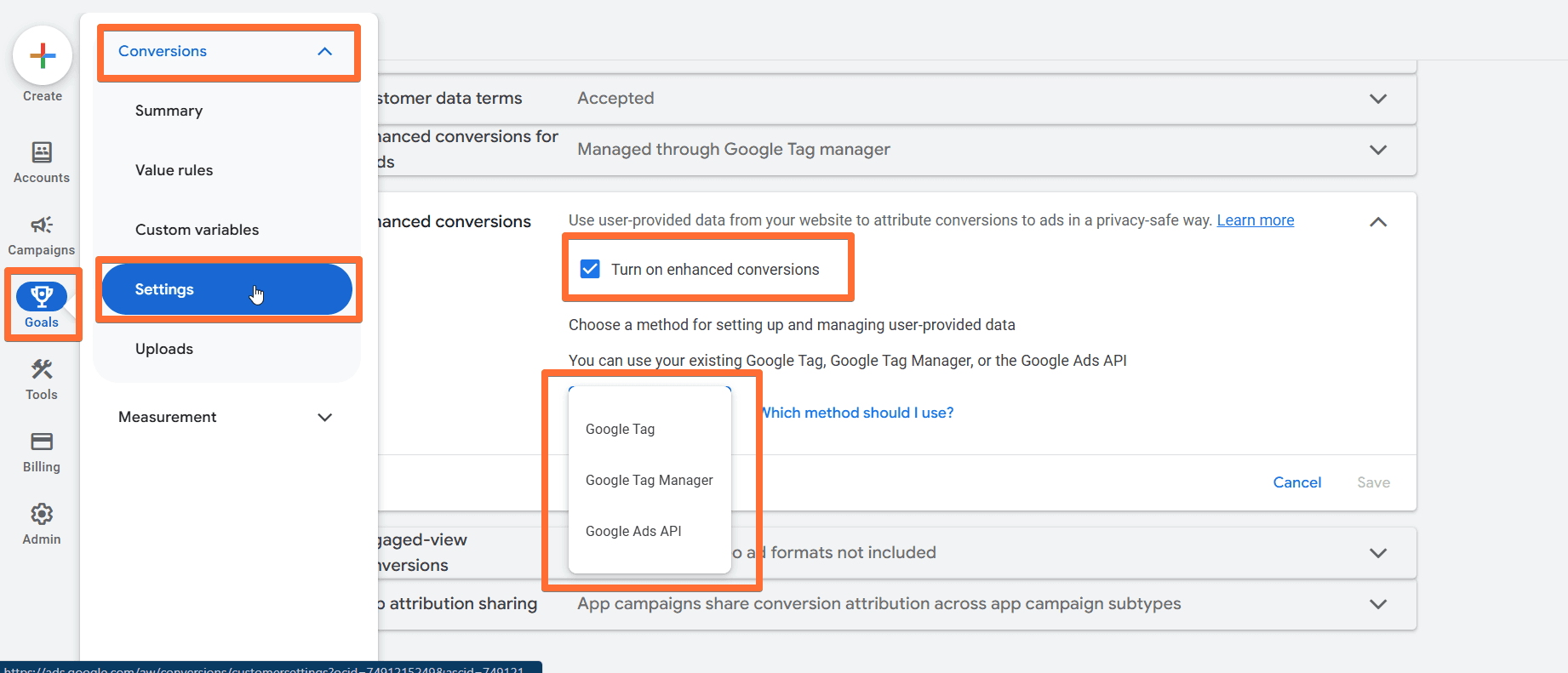 Turn on enhanced conversions