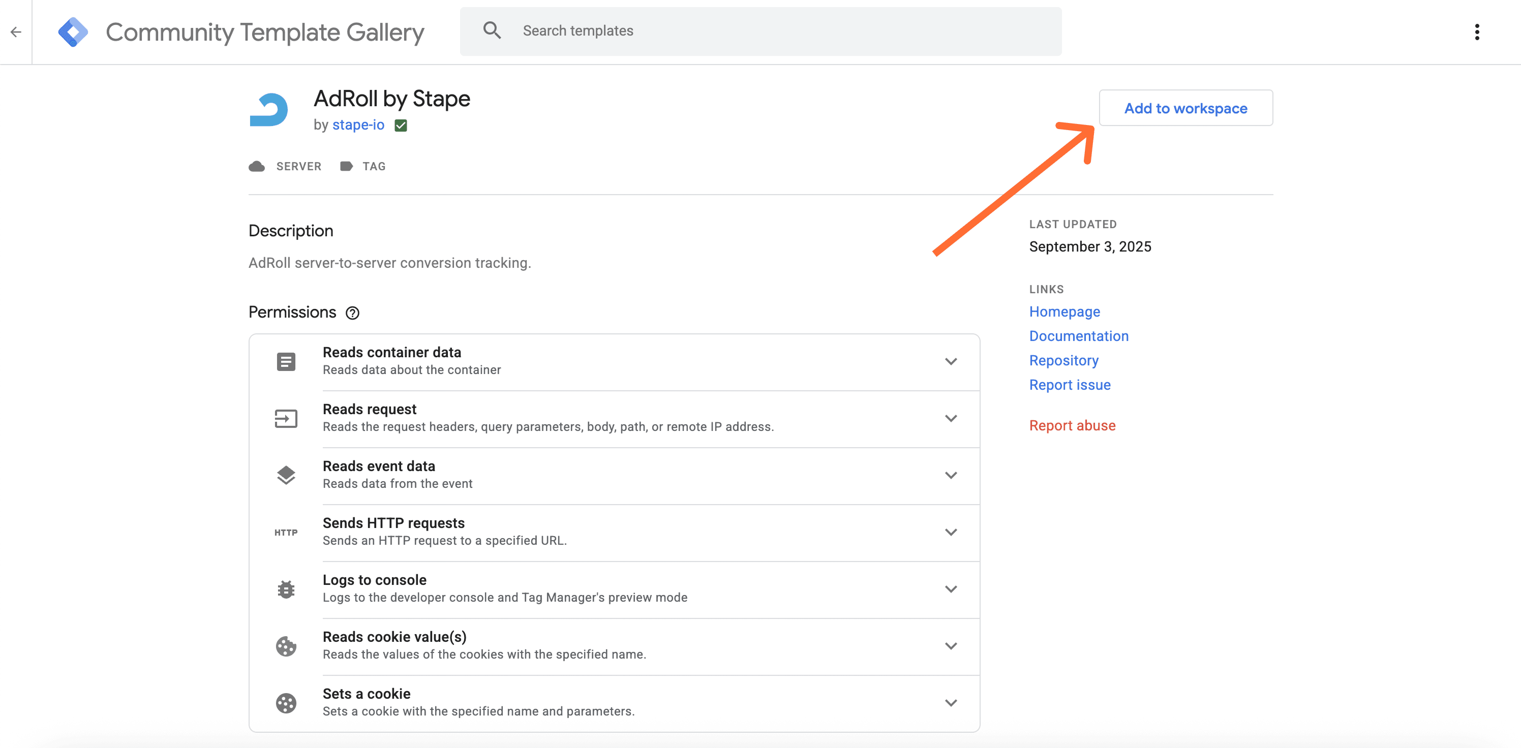Click 'Add to workspace' to add the AdRoll tag