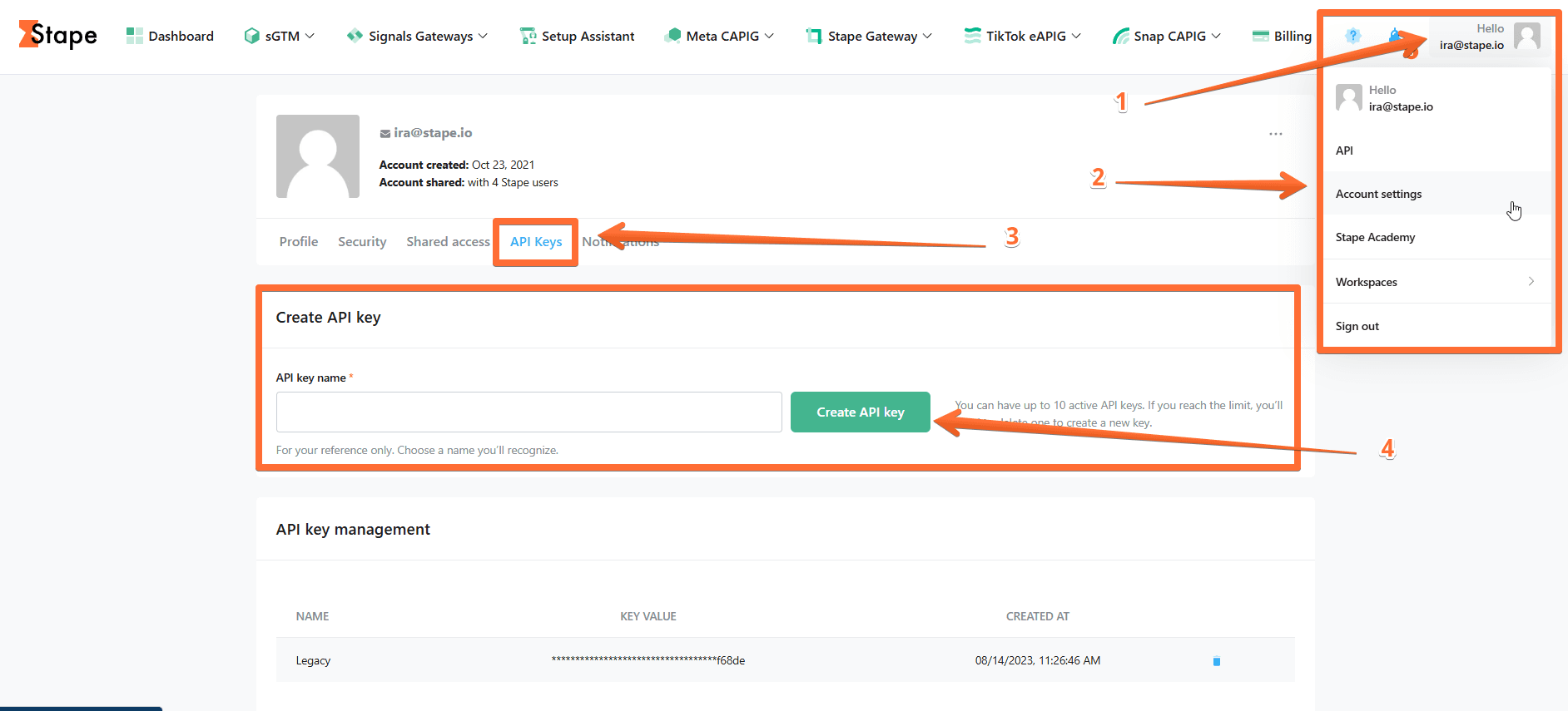 Get the Stape Account API Key