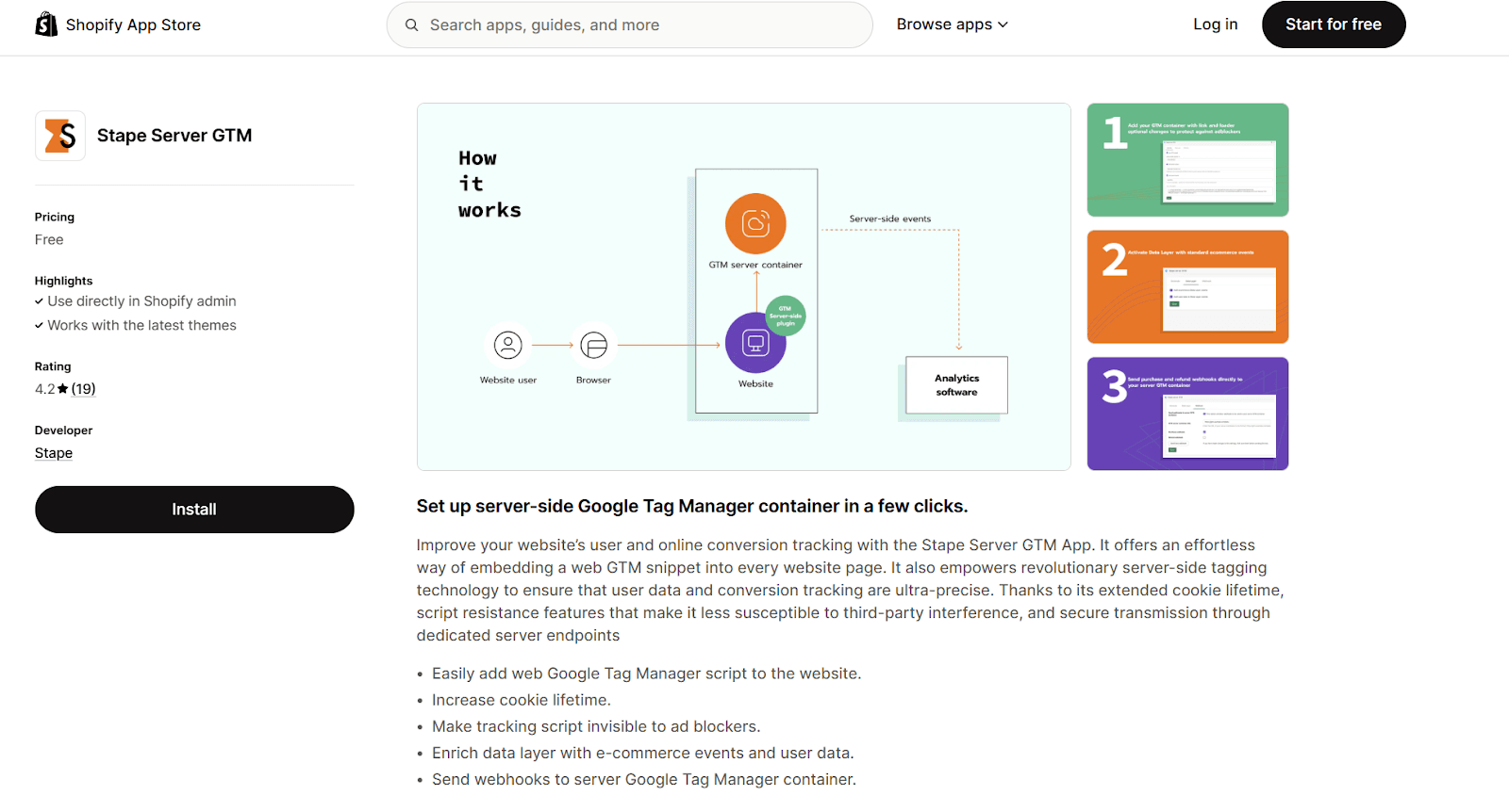 Find the Stape server GTM app in Shopify's store