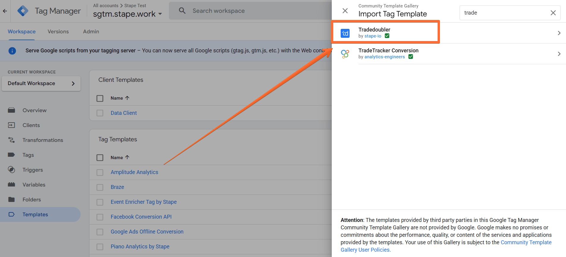 Add the Tradedoubler tag template&nbsp;&nbsp;