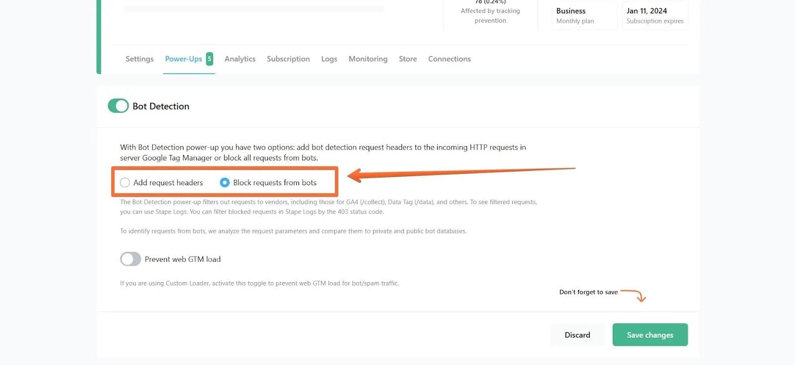 Select "Add request headers" or "Block requests from bots" and save your changes