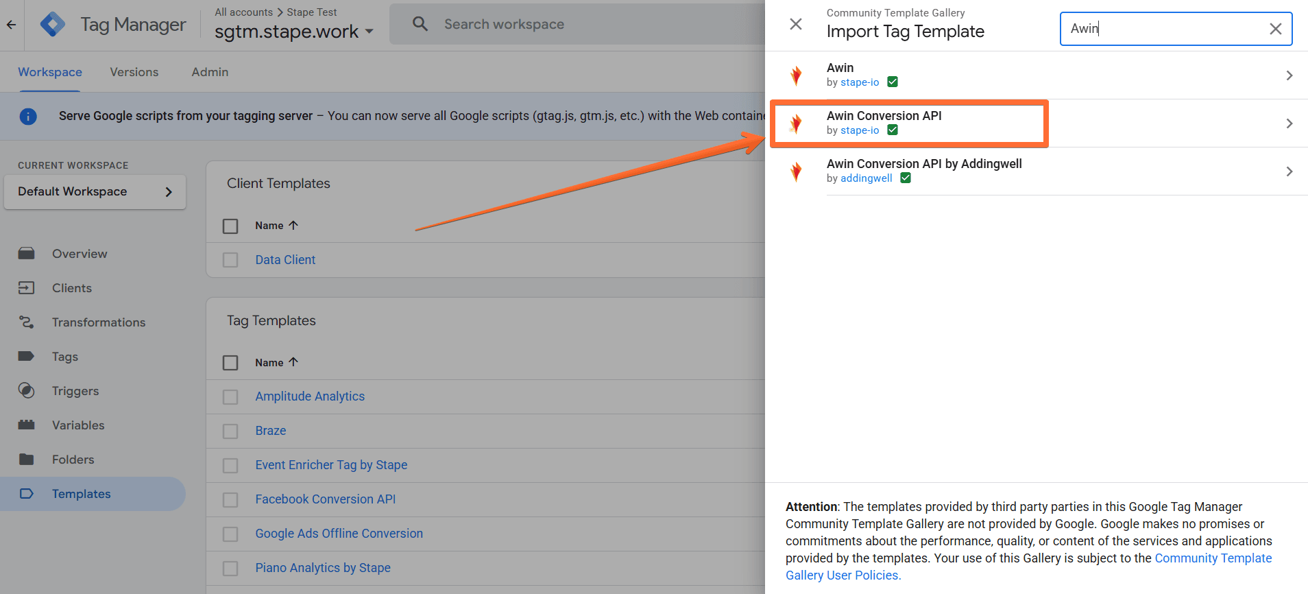 Search for the Awin Conversion API tag&nbsp;