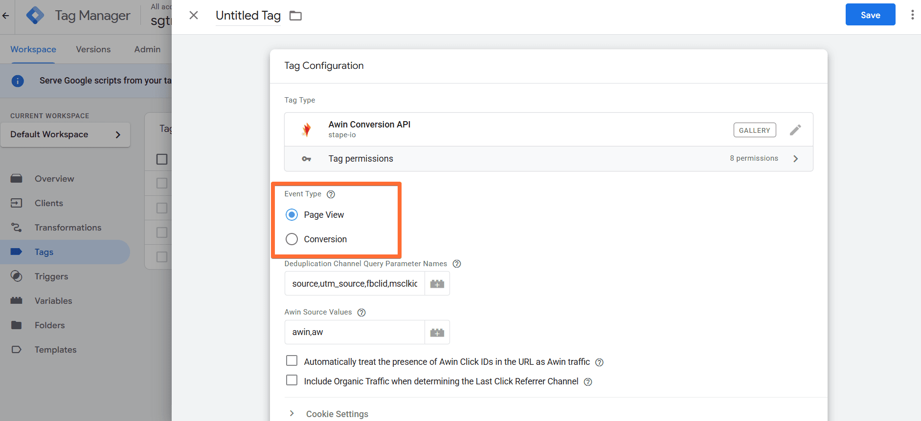 Select the Action you want the tag to perform