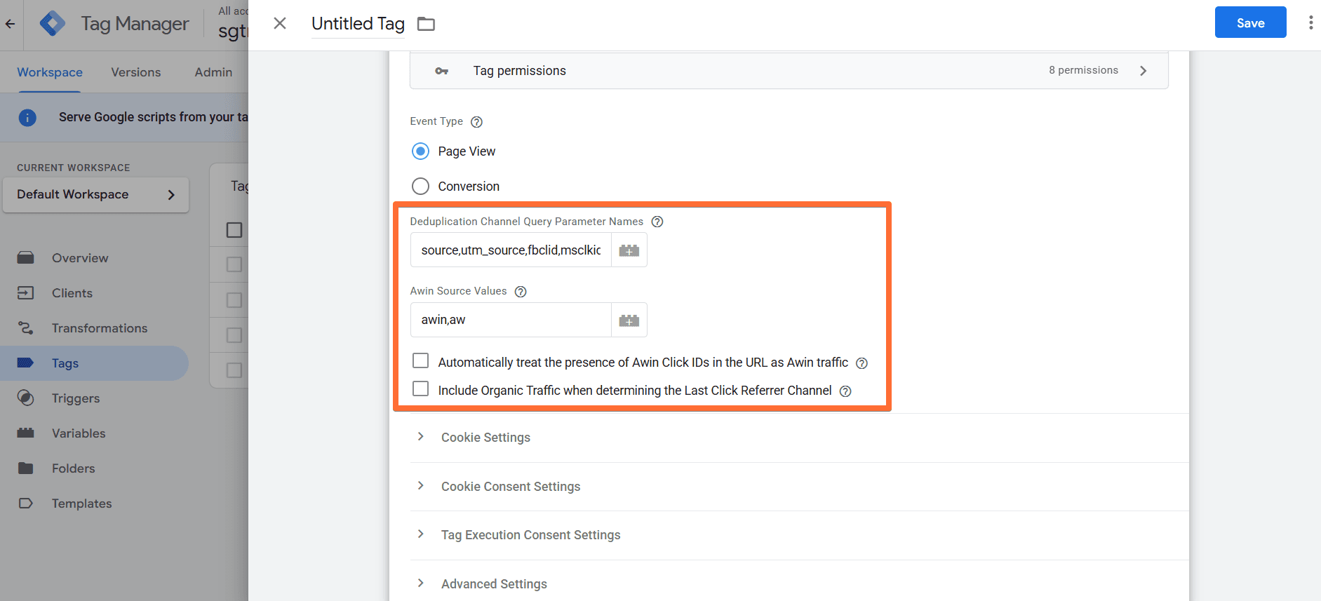 Required settings for the Page View event type