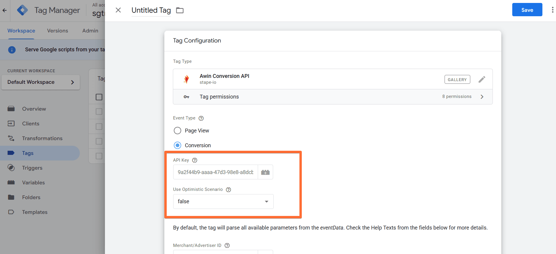 Basic settings for the Conversion event type