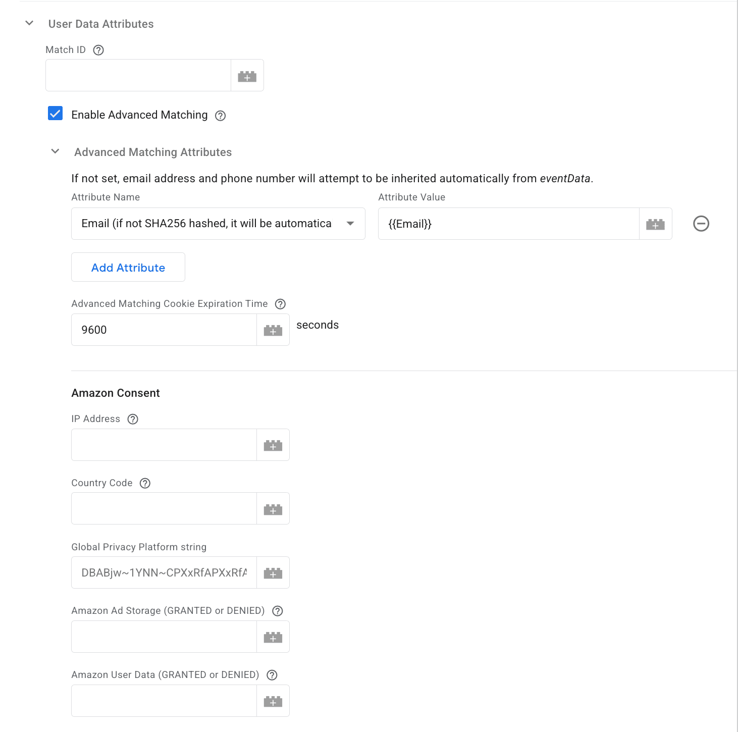 User Data Attributes section