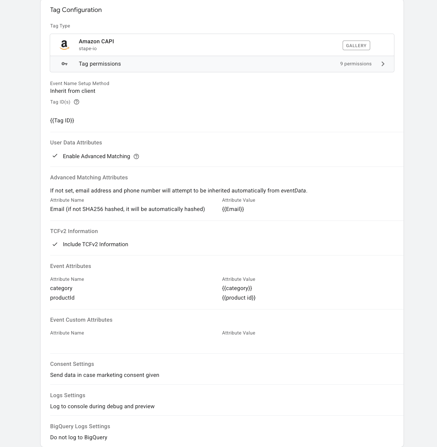 Example of Amazon CAPI tag configuration