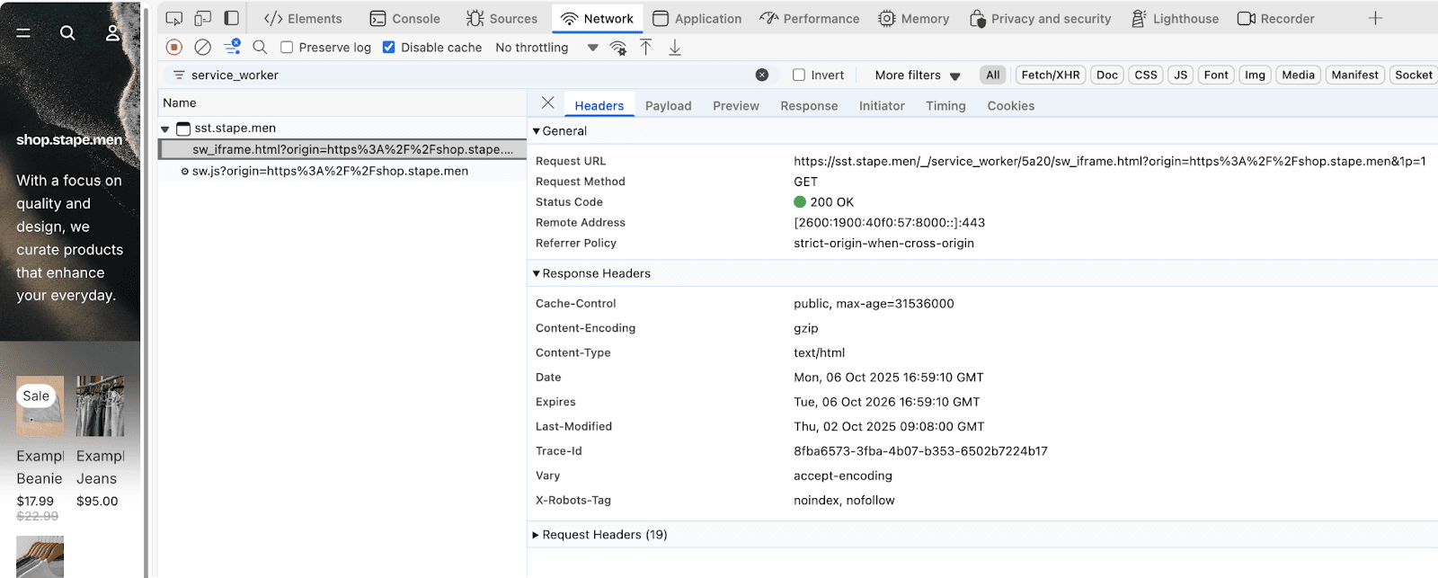 Service Worker from sGTM first-party domain in DevTools Network tab