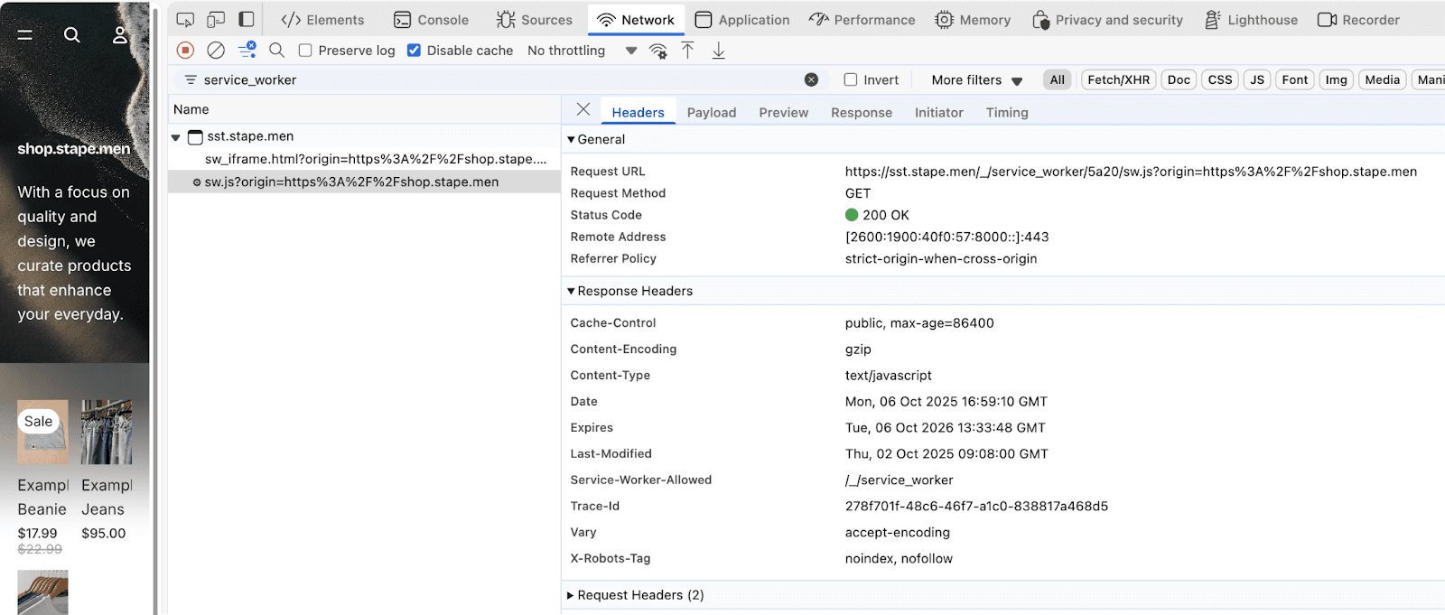 Service Worker from sGTM first-party domain in DevTools Network tab