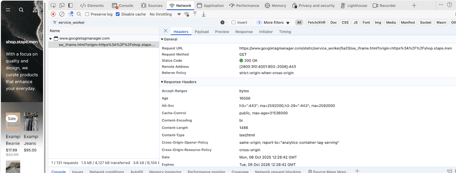 Service Worker from googletagmanager.com domain in DevTools Network tab