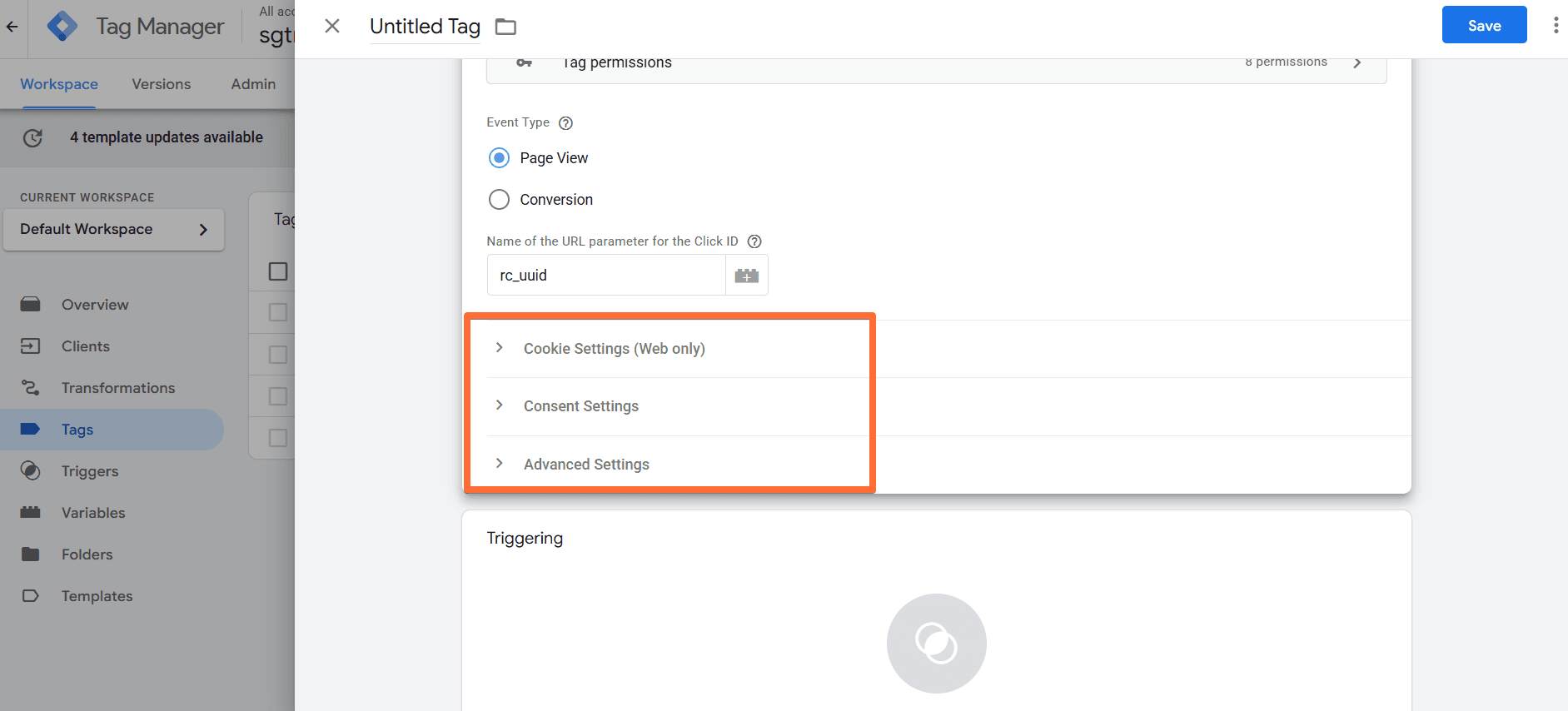 Optional Page View event settings