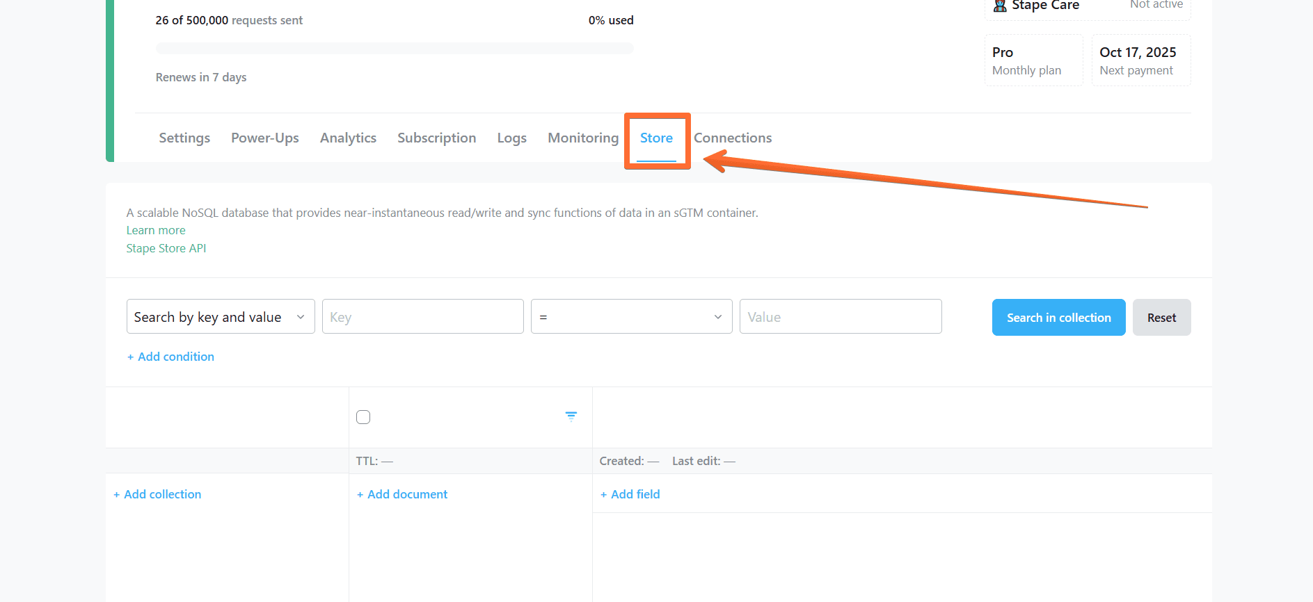 "Store" tab in Stape account