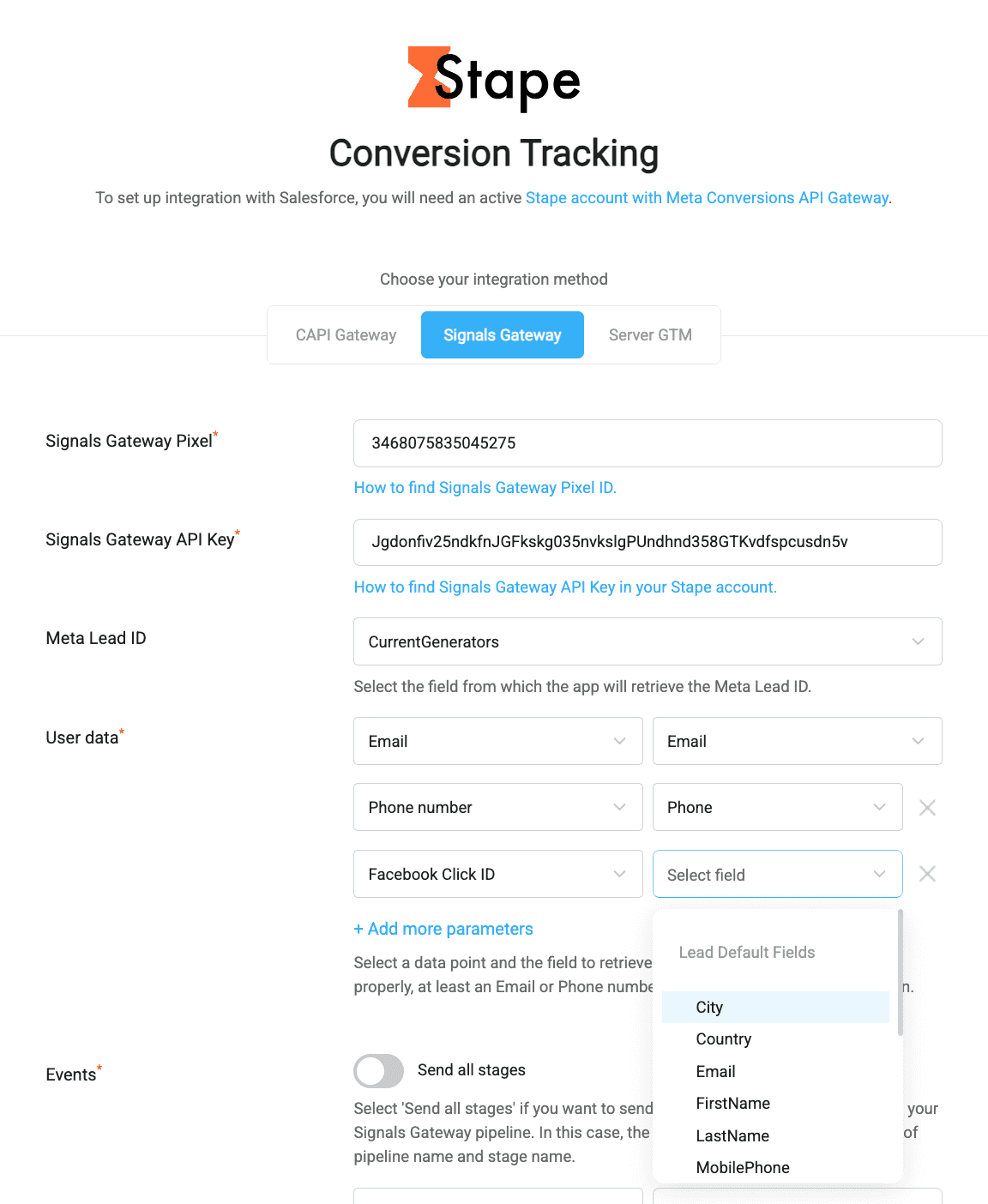 Fields configuration in Signals Gateway