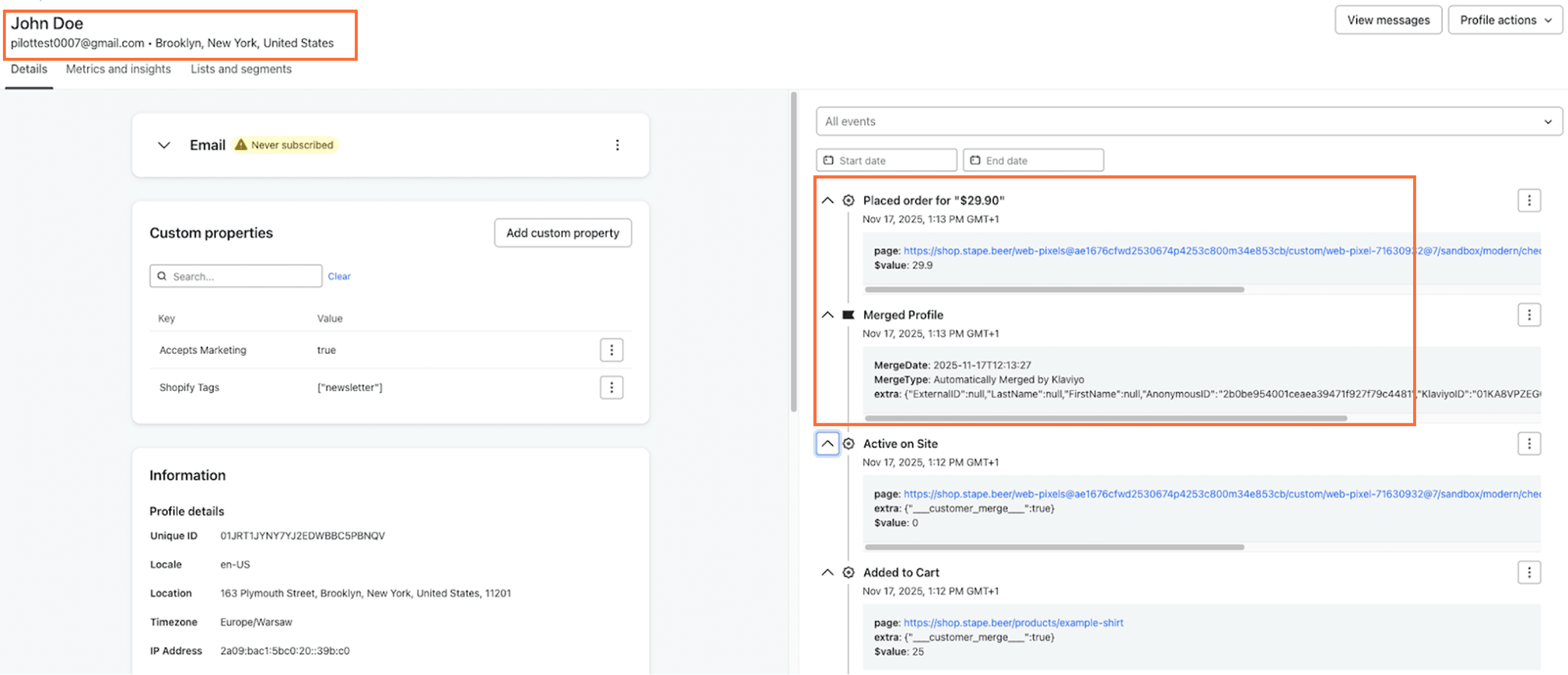 Profile merge in Klaviyo