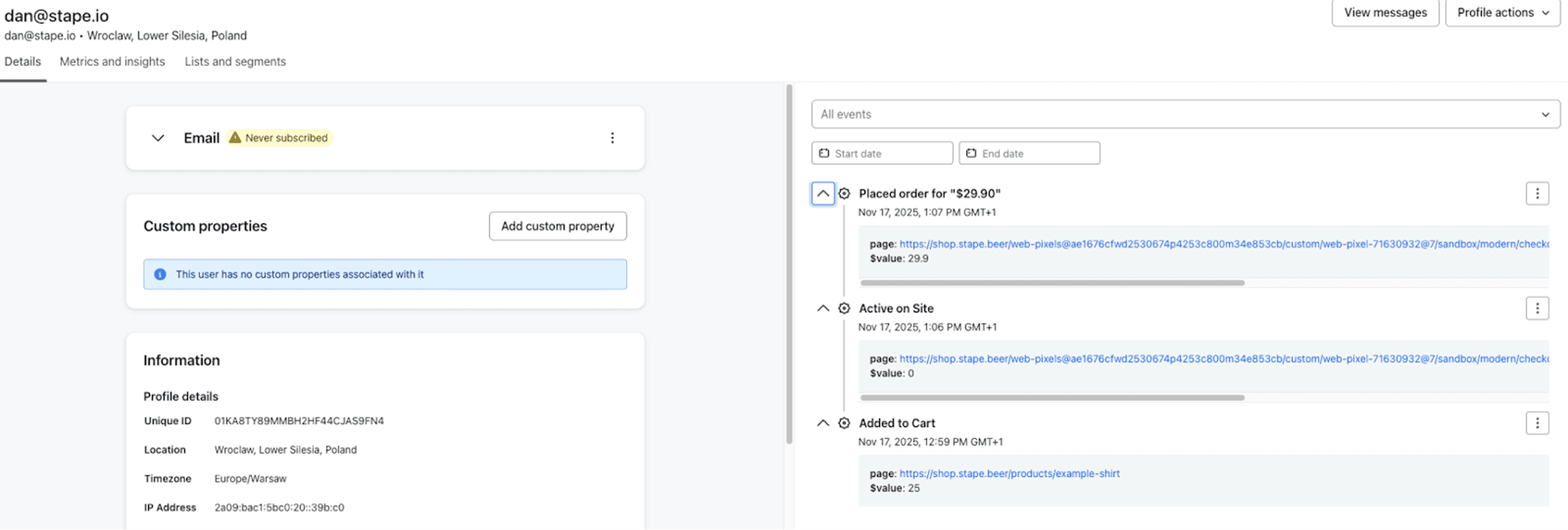 Profile containing the user's email with anonymous events recorded in Klaviyo